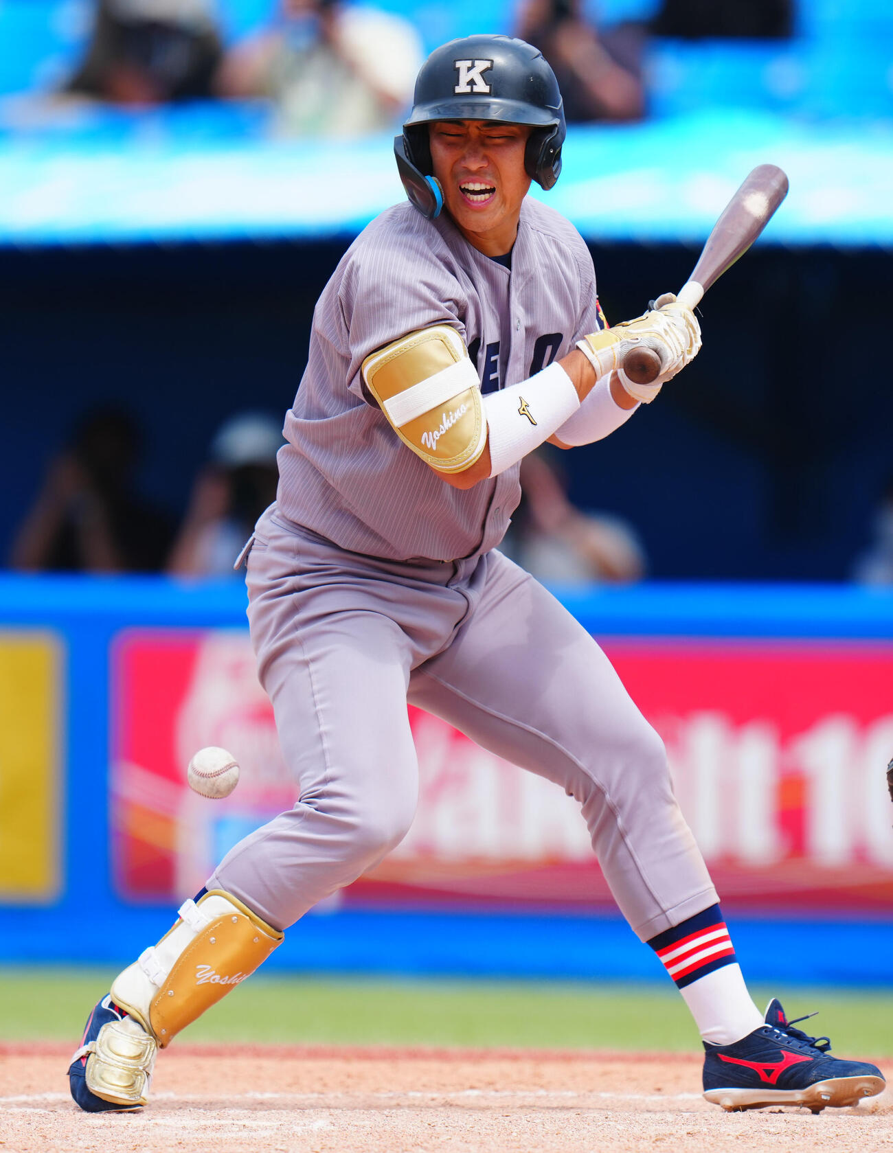 全日本大学野球選手権　準々決勝　日体大対慶大　6回裏慶大2死満塁、コールド勝ちとなる押し出しの死球を受ける吉野太陽（撮影・垰建太）