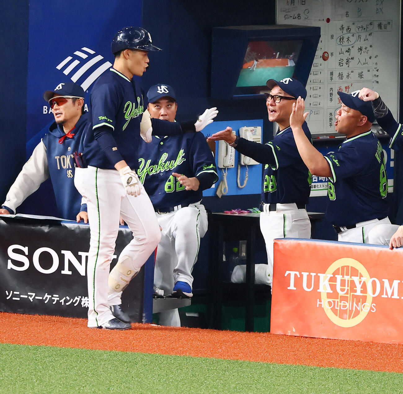 オリックス対ヤクルト　9回表ヤクルト2死、.塩見泰隆は右越えソロ本塁打を放ちベンチの池山隆寛監督（右）とタッチする（撮影・加藤哉）＝2026年6月11日