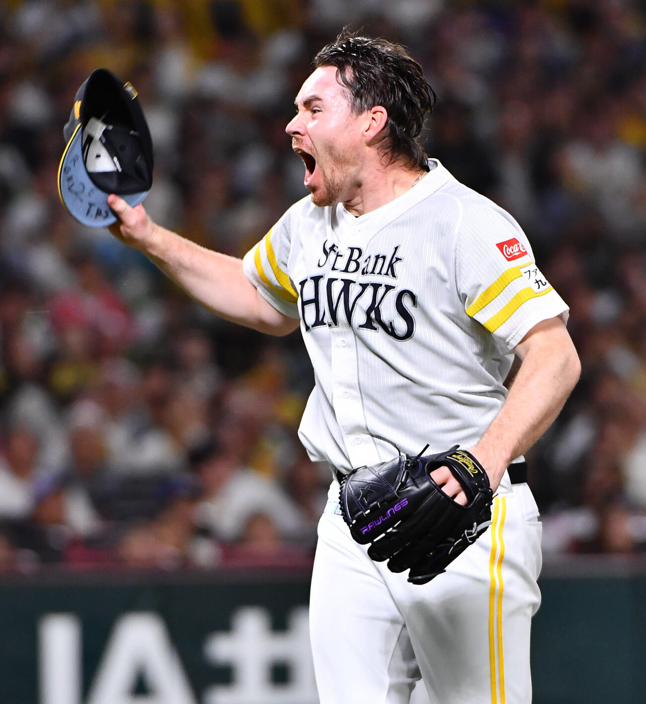 ソフトバンク対阪神　5回表阪神2死一、三塁、中野拓夢を打ち取り、雄たけびをあげるカーター・スチュワート（撮影・岩下翔太）