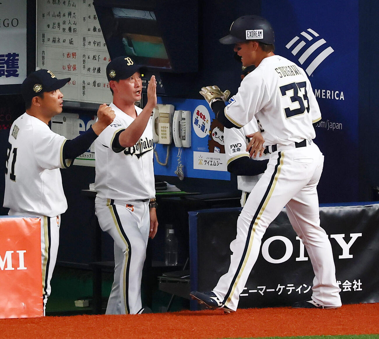 オリックス対ヤクルト　5回裏オリックス1死満塁、二走杉沢龍は宗佑磨の右越え適時二塁打で生還しベンチの岸田護監督（左）とタッチする（撮影・加藤哉）