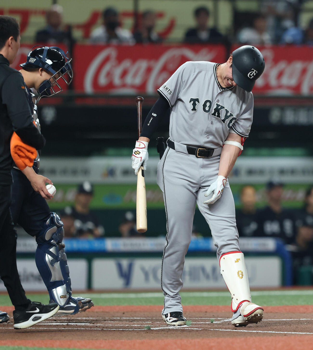西武対巨人　1回表巨人1死、死球を受ける松本剛（撮影・河田真司）