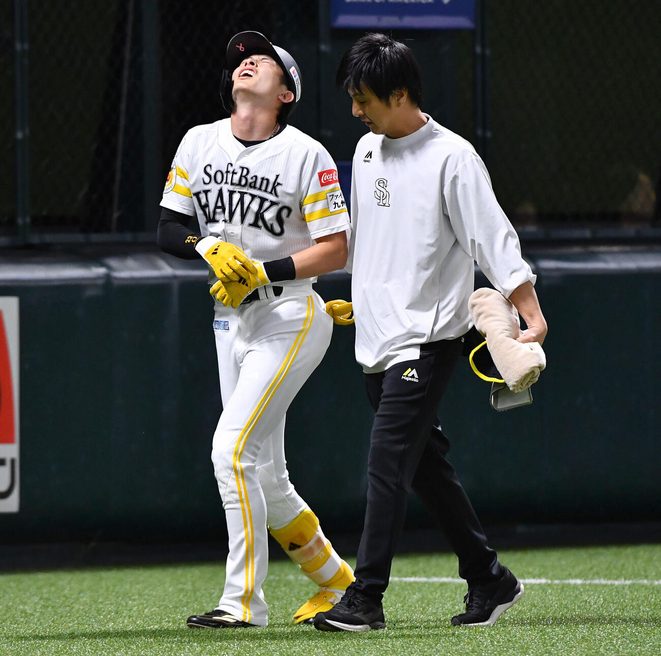 ソフトバンク対ヤクルト　5回裏ソフトバンク2死二塁、足に死球を受け、トレーナーとベンチへ戻る周東佑京（撮影・岩下翔太）
