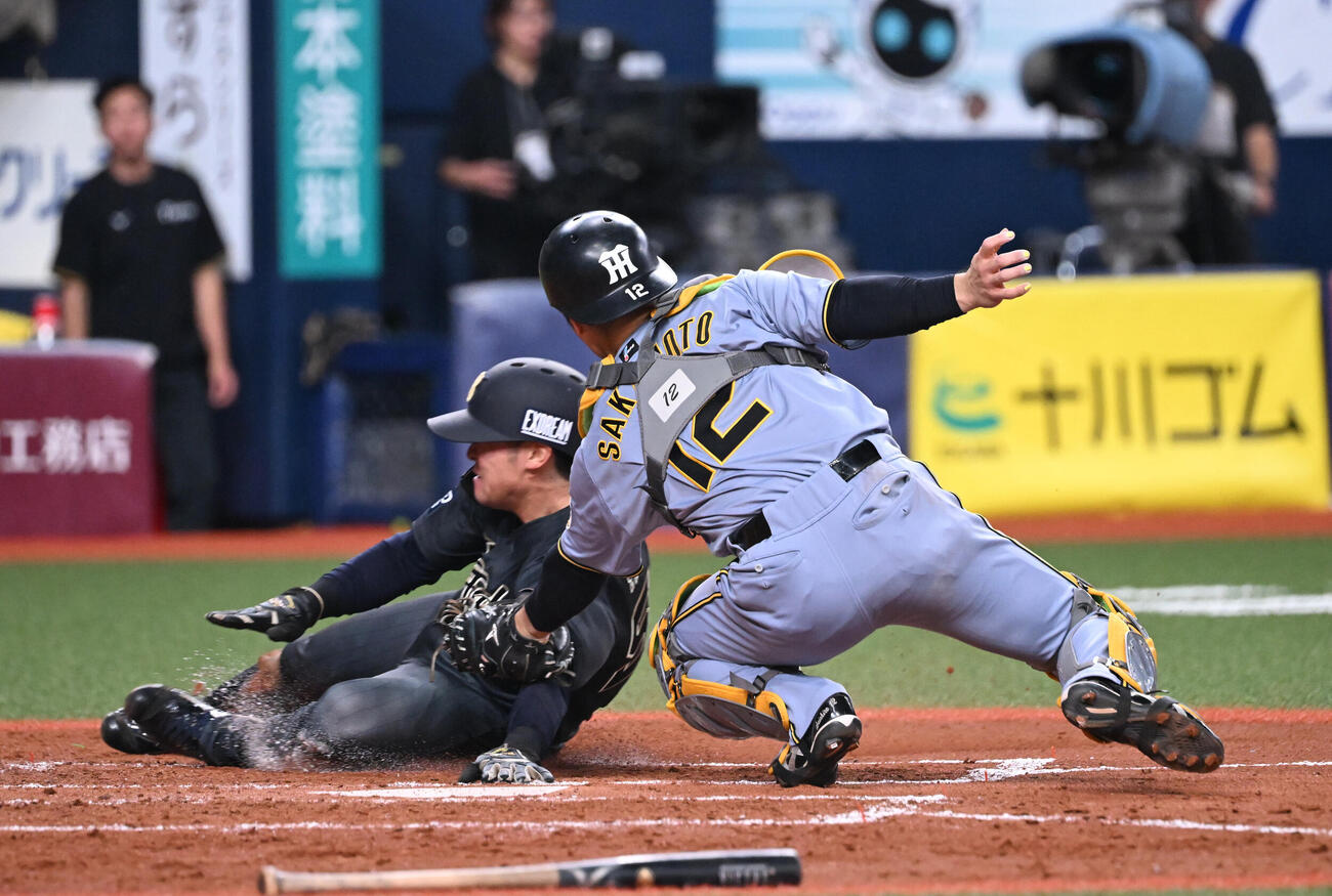 オオリックス対阪神　4回裏オリックス1死二、三塁、西野の一ゴロで本塁を狙った山中稜真はタッチアウト、捕手坂本誠志郎（撮影・和賀正仁）