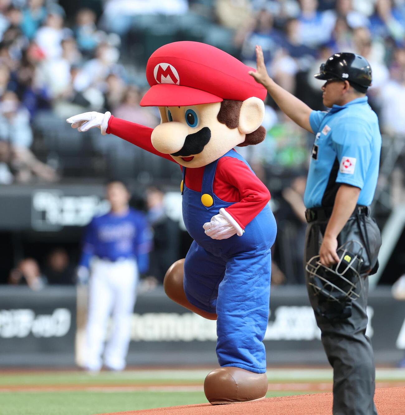 日本ハム対中日　始球式を務めるマリオ（撮影・黒川智章）
