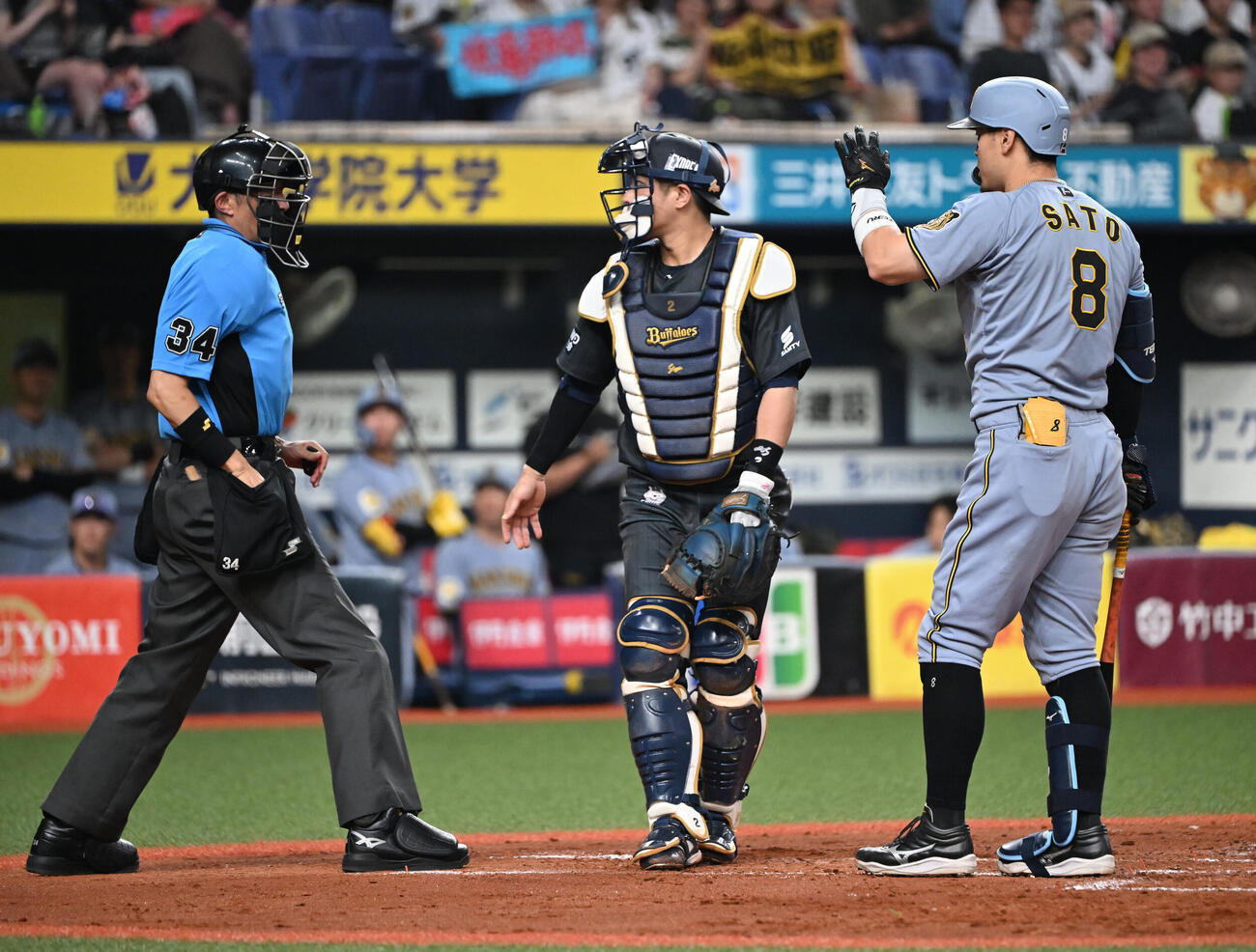 オリックス対阪神　3回表阪神1死満塁、佐藤輝明のファウルは球審に当たる（撮影・和賀正仁）