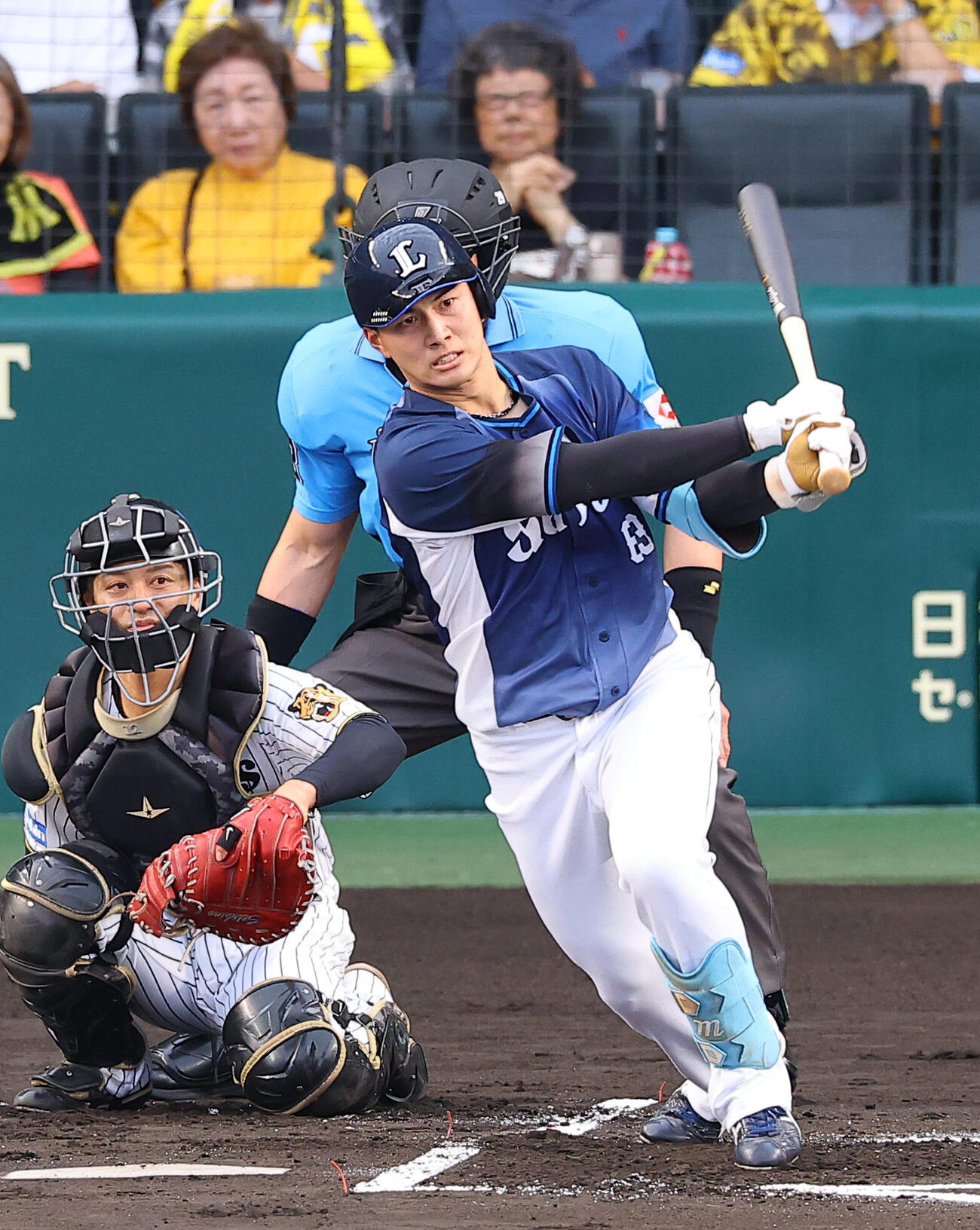 阪神対西武　1回表西武2死、長谷川信哉は安打を放つ（撮影・上田博志).♯2026年6月16日、甲子園球場、阪神対西武交流戦第3戦