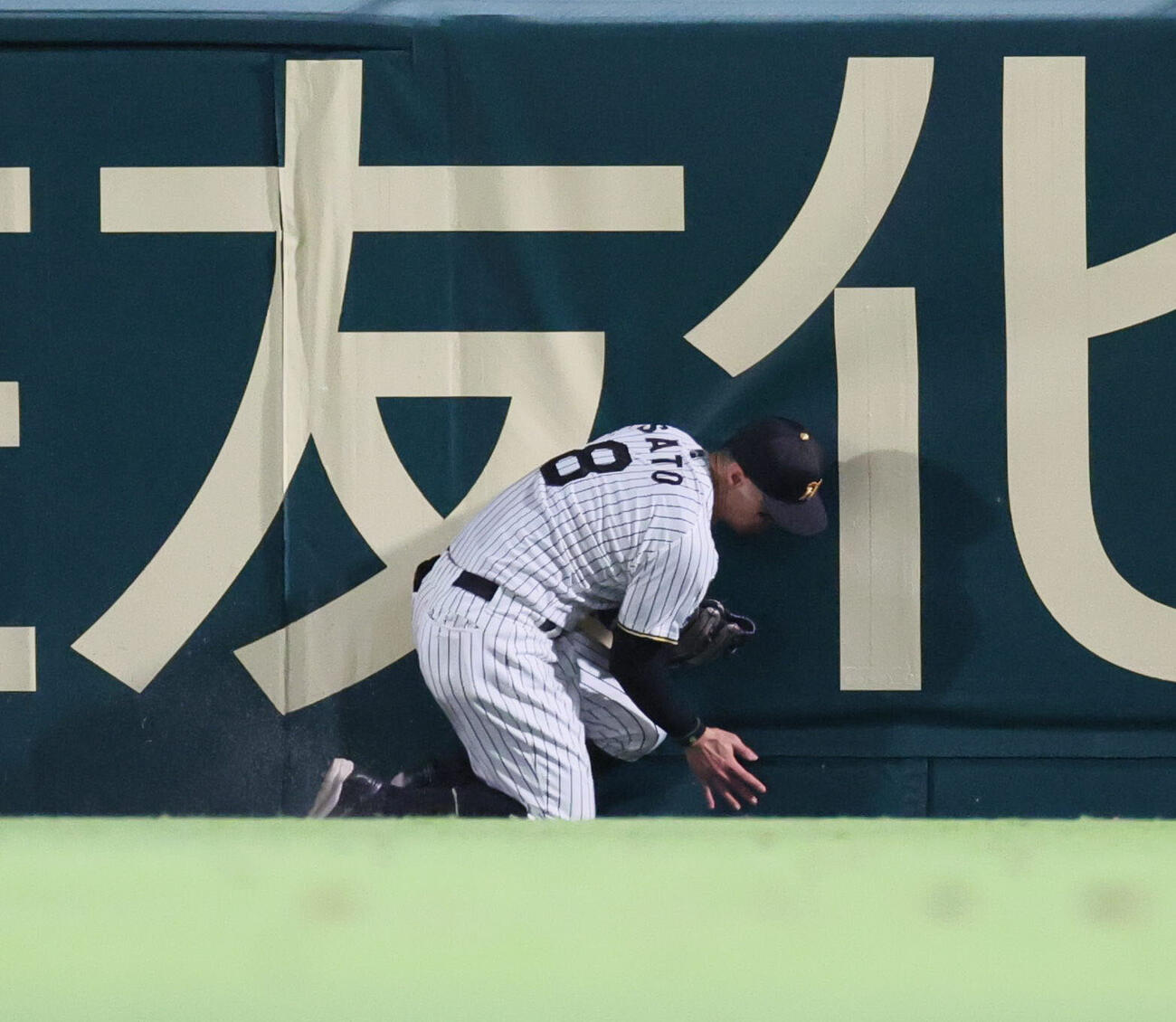 阪神対西武　6回表西武2死一塁、阪神佐藤輝明は石井一成の飛球を好捕する（撮影・宮崎幸一）