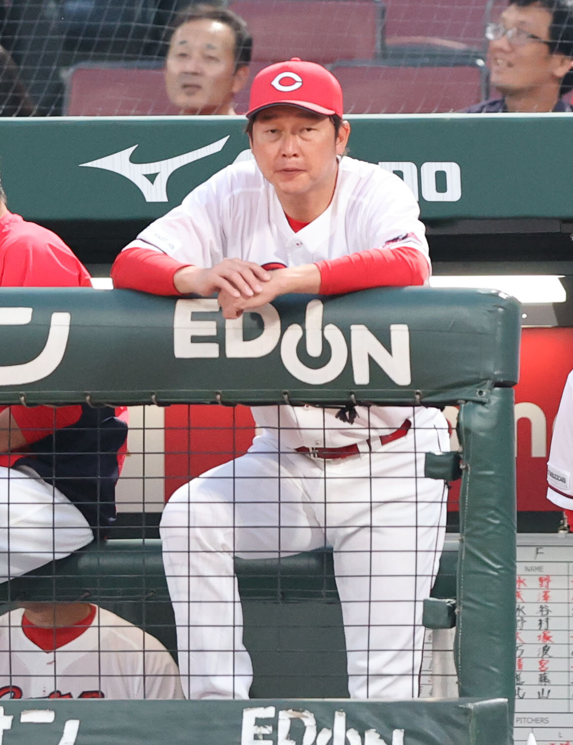 広島対日本ハム　ベンチから戦況を見守る広島新井貴浩監督（撮影・梅根麻紀）