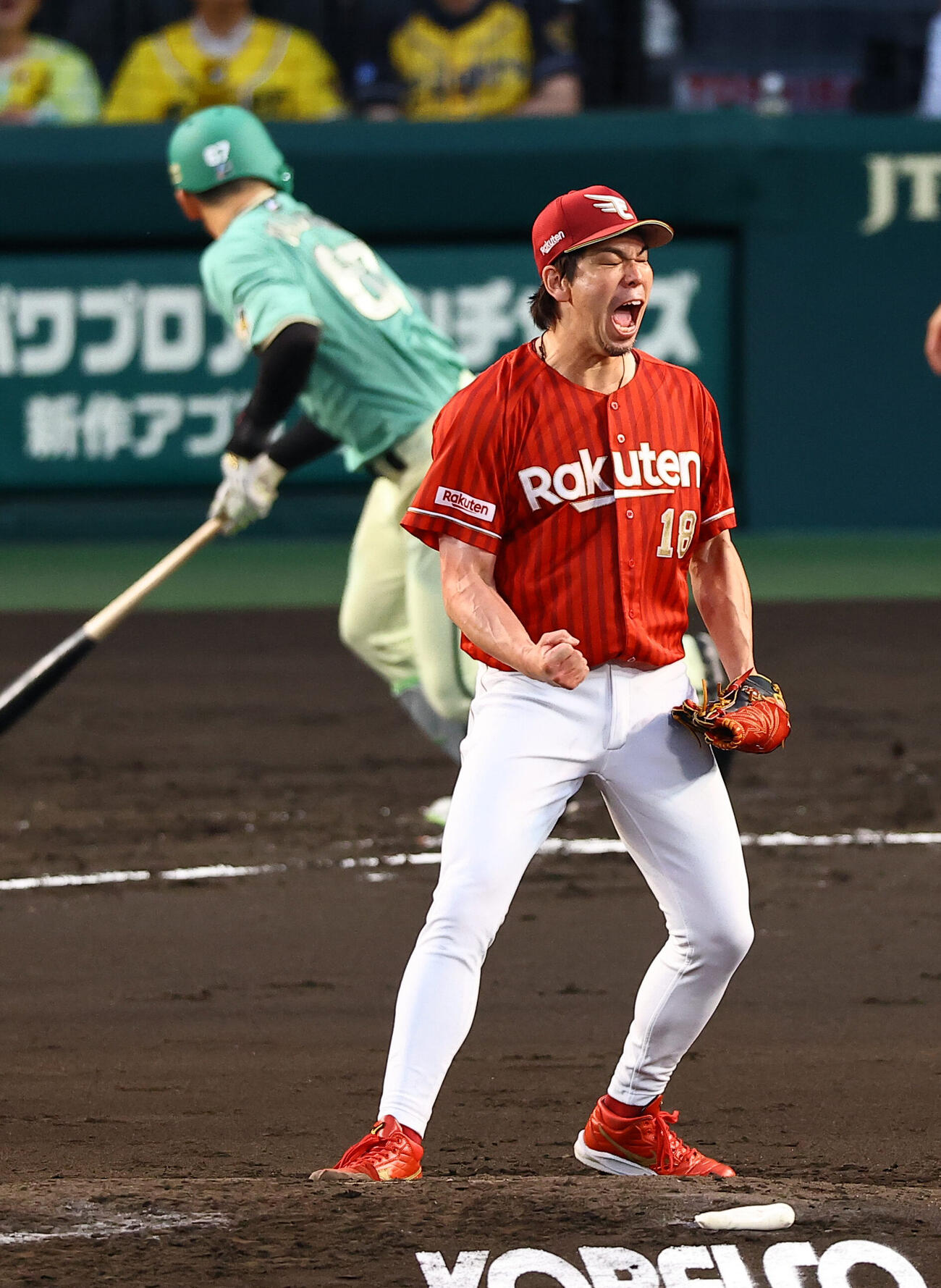 阪神対楽天　4回裏阪神2死二塁、高寺望夢から三振を奪い雄たけびを上げる前田健太（撮影・上田博志)　甲子園球場、阪神対楽天3回戦