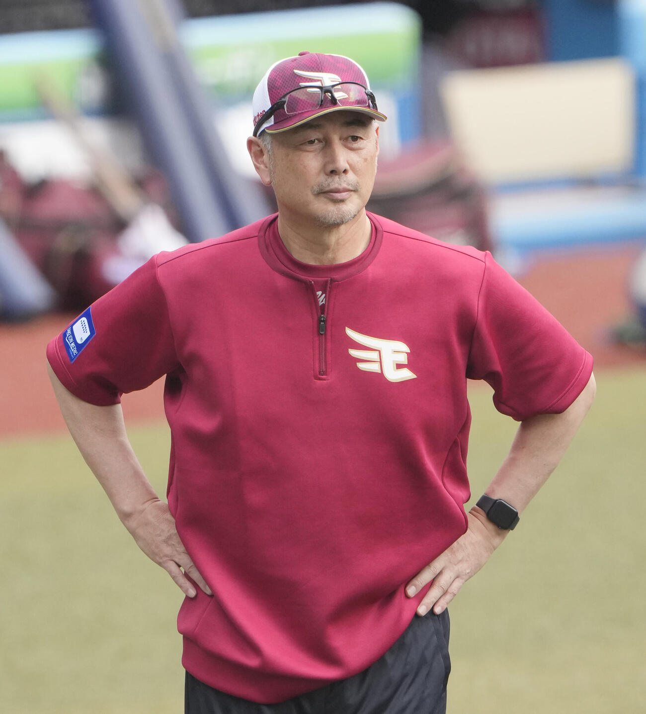 ロッテ対楽天　試合前練習で見守る楽天吉井理人監督（撮影・小島史椰）