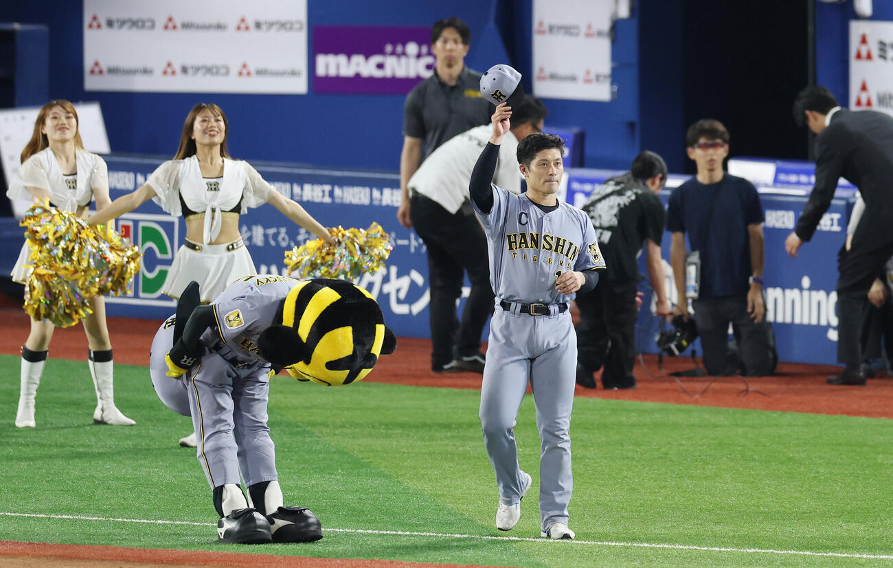 DeNA対阪神　勝利しファンにあいさつする阪神坂本誠志郎（撮影・宮地輝）