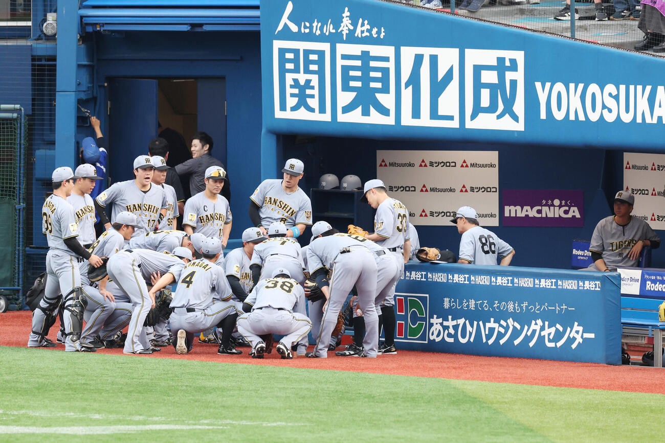 DeNA対阪神　試合前、円陣を組む阪神の選手たち。右端は藤川球児監督（撮影・宮地輝）