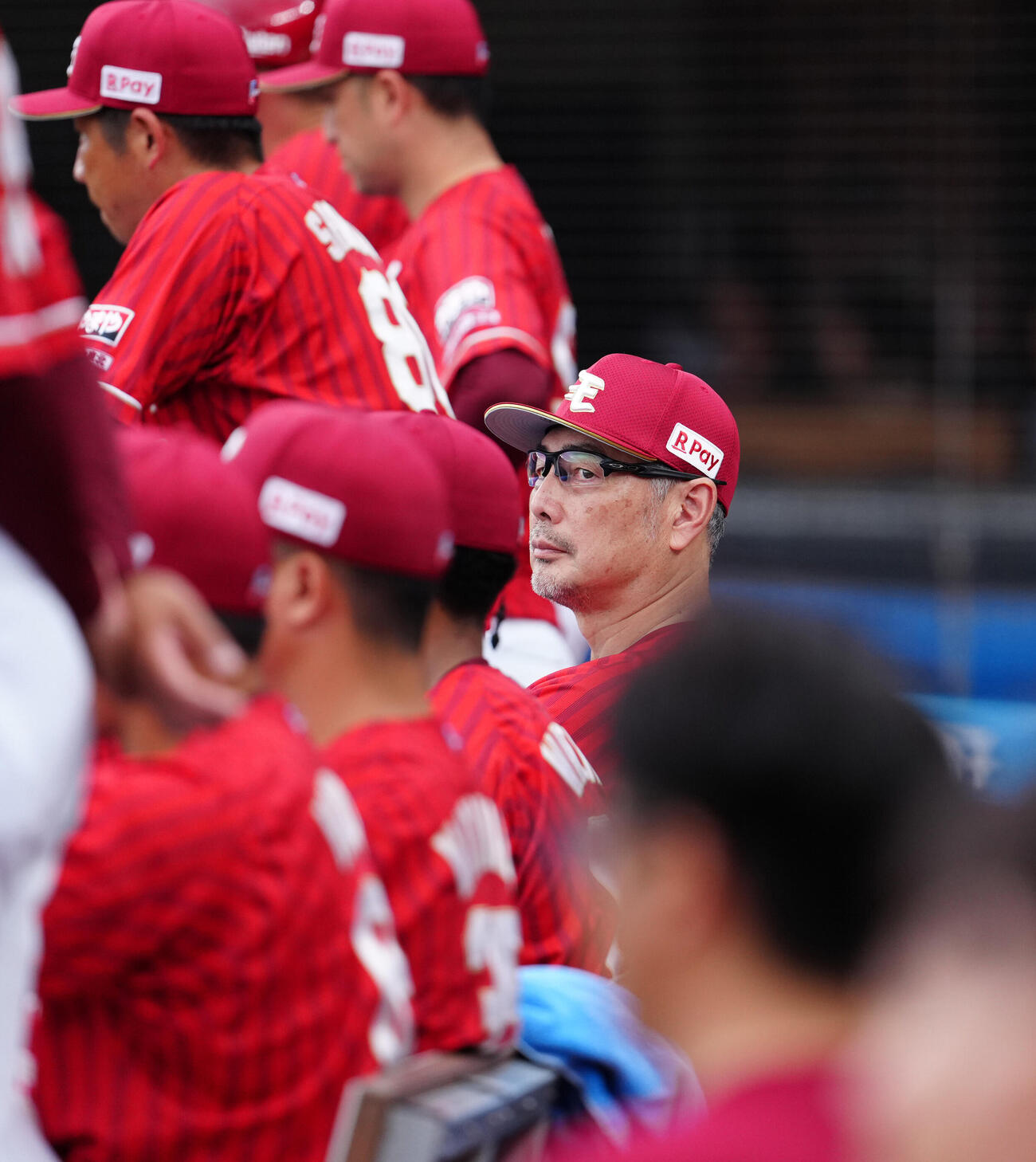 ロッテ対楽天　ベンチから試合を見る楽天吉井理人監督（撮影・鈴木みどり）