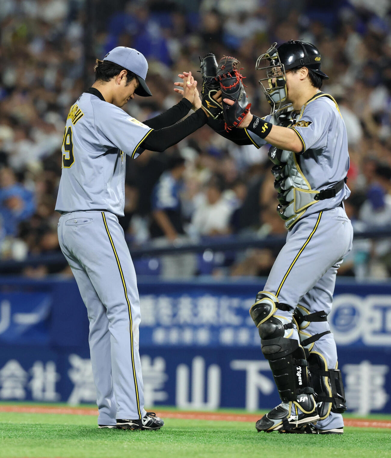 DeNA対阪神　9回裏DeNAの攻撃を抑えて完投勝利で9勝目を飾った高橋遥人（左）は伏見寅威とハイタッチ（撮影・浅見桂子）