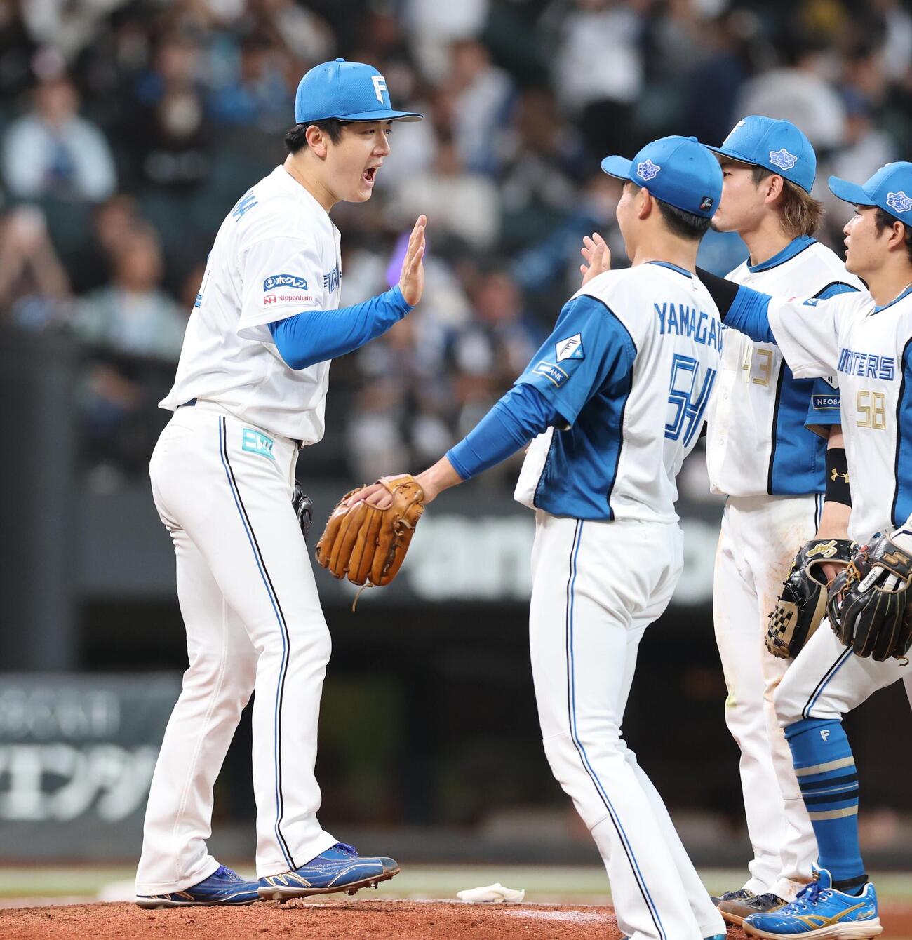 日本ハム対ロッテ　試合後、完封で7勝目を挙げた日本ハム北山亘基（左）はナインとタッチを交わす（撮影・黒川智章）
