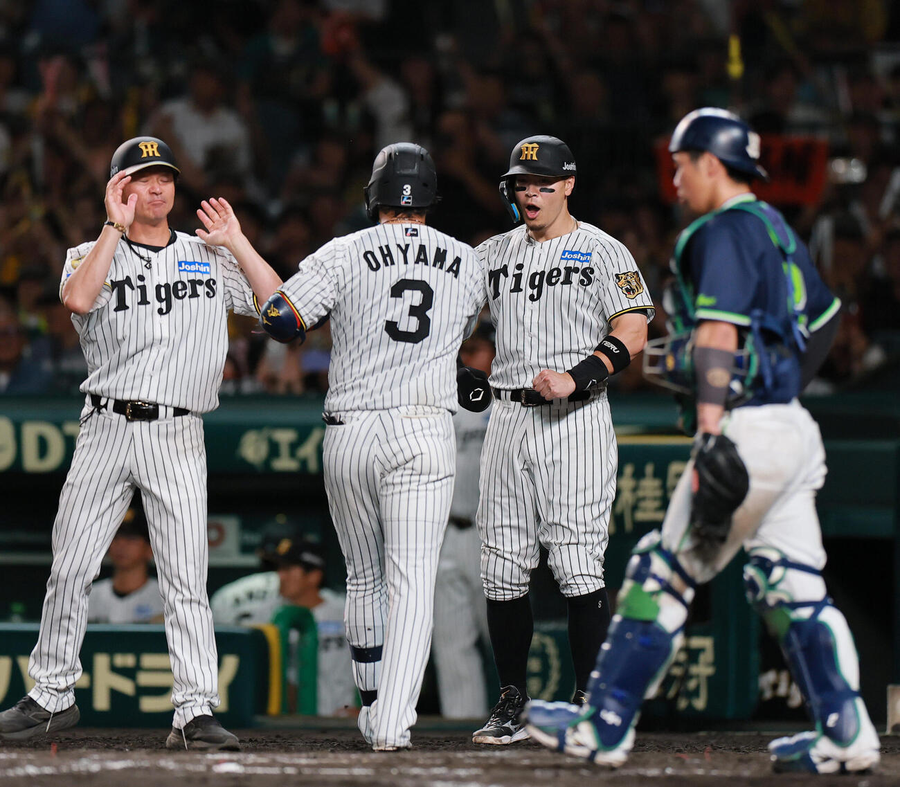 阪神対ヤクルト　8回裏阪神2死一塁、大山悠輔（左から2人目）は2点本塁打を放ち生還する。右から2人目は一走佐藤輝明（撮影・上山淳一）