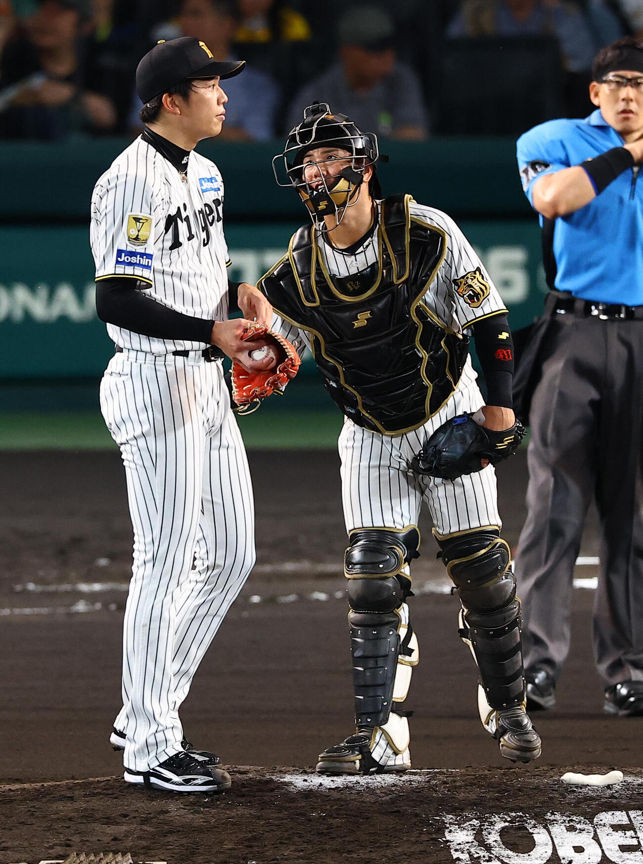 阪神対ヤクルト　6回表ヤクルト1死二塁、才木浩人（左）に声を掛ける梅野隆太郎（撮影・上田博志)