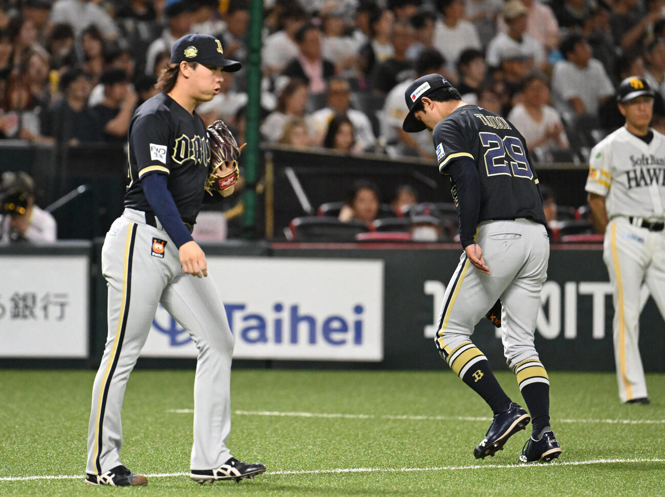 ソフトバンク対オリックス　2回裏ソフトバンク2死一、二塁、降板する田嶋大樹（右）左はマウンドに向かう片山楽生（撮影・林敢治）