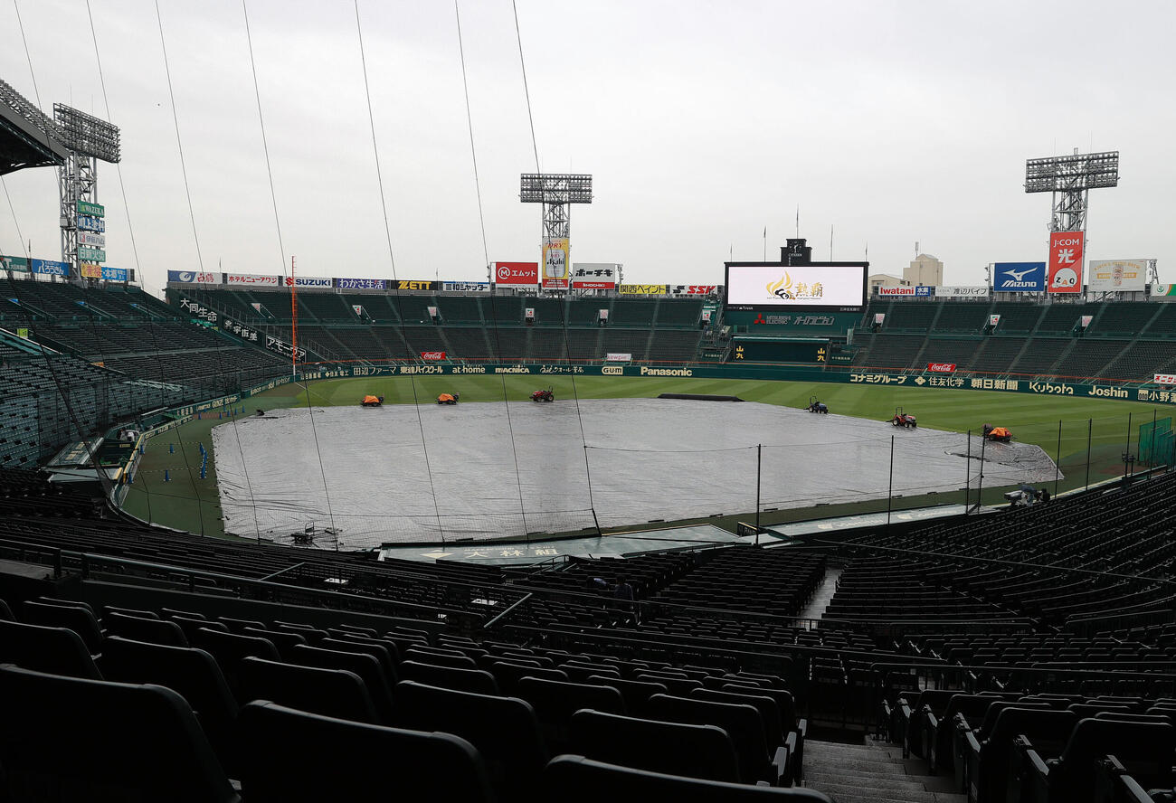 26年6月24日　雨でグラウンドにシートが敷かれる甲子園球場（撮影・上山淳一）