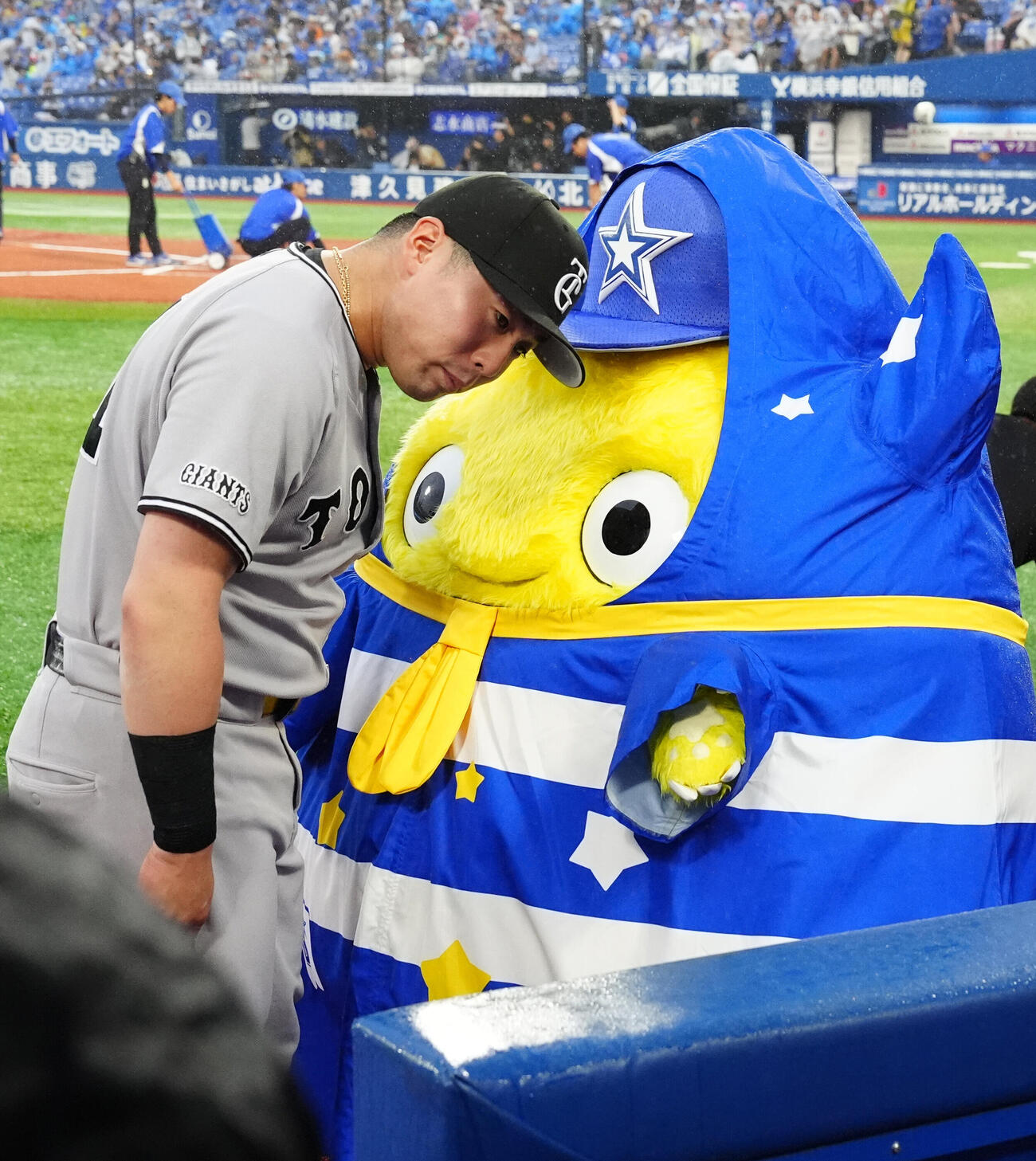 DeNA対巨人　試合前、チャピーと交流する巨人浅野翔吾（撮影・江口和貴）