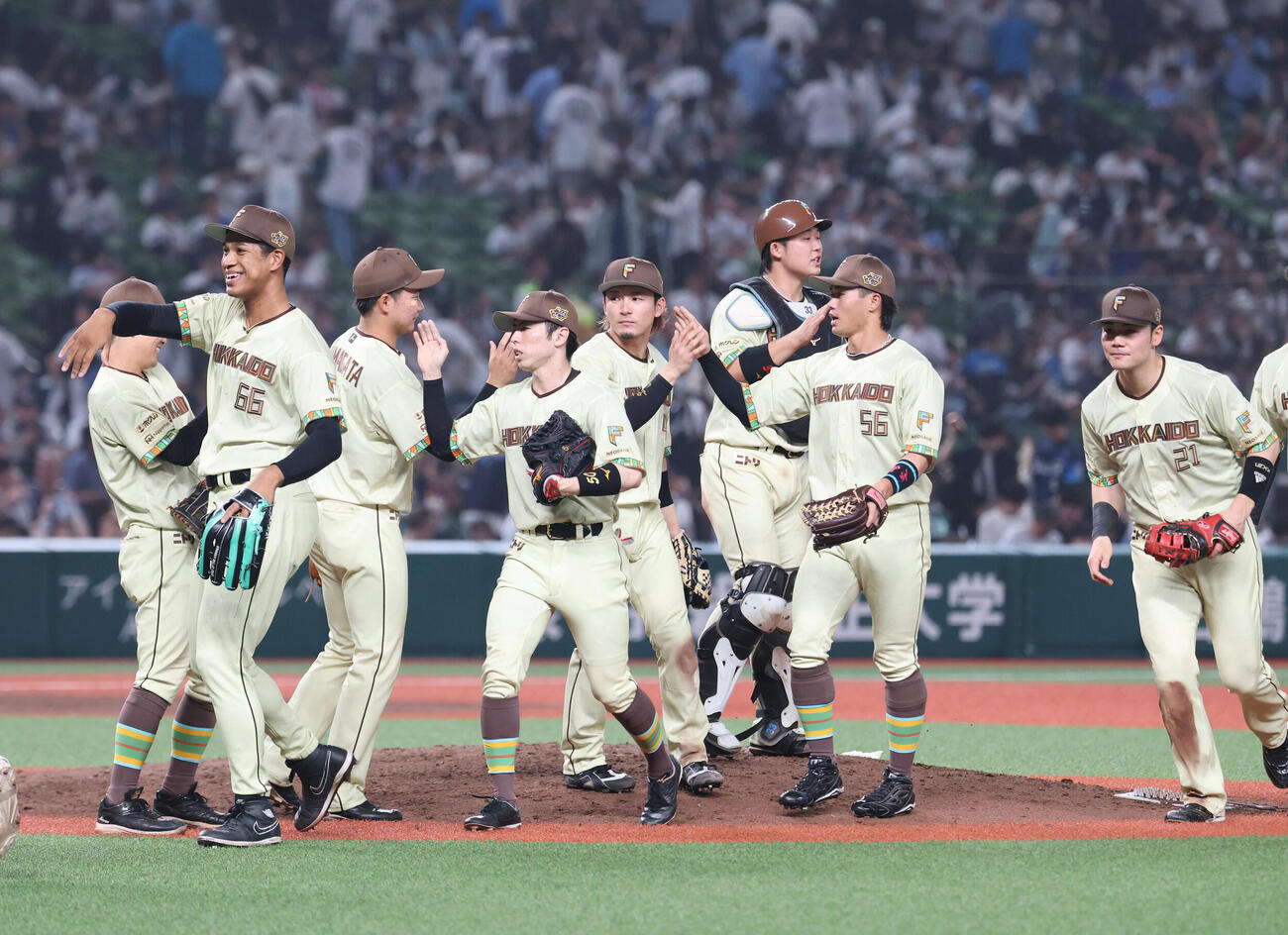 西武対日本ハム　勝利しタッチを交わす日本ハムナイン（撮影・増田悦実）