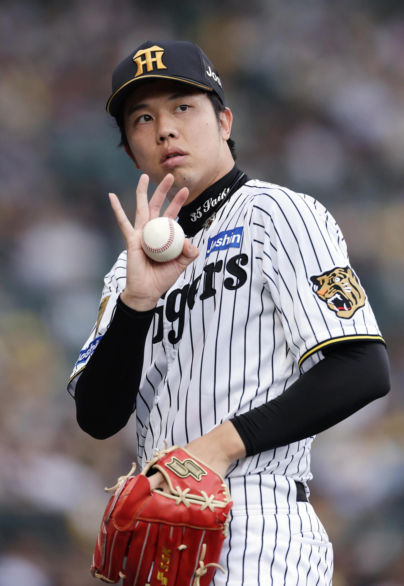 阪神対中日　2回表の投球に備える阪神才木浩人（撮影・前田充）