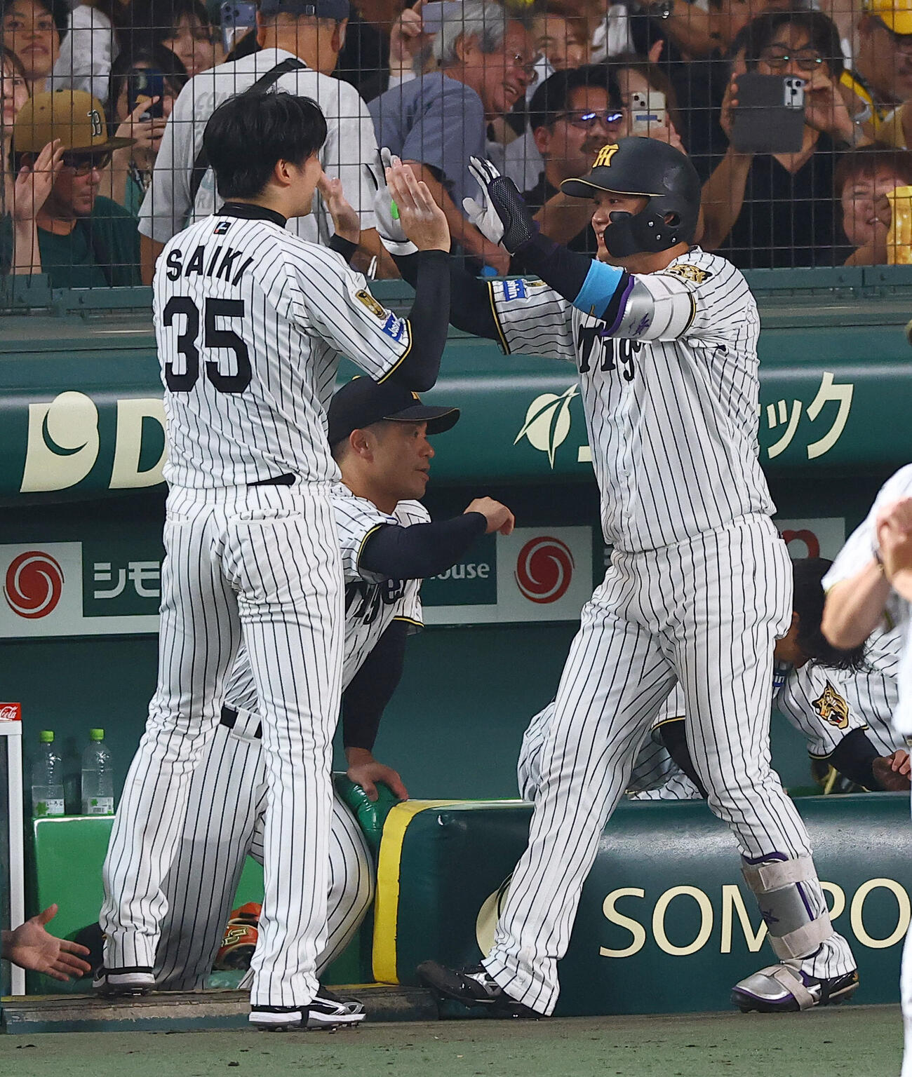 阪神対中日　6回裏阪神1死、は同点ソロ本塁打を放った森下翔太（右）は先発才木浩人とハイタッチをする（撮影・上田博志）