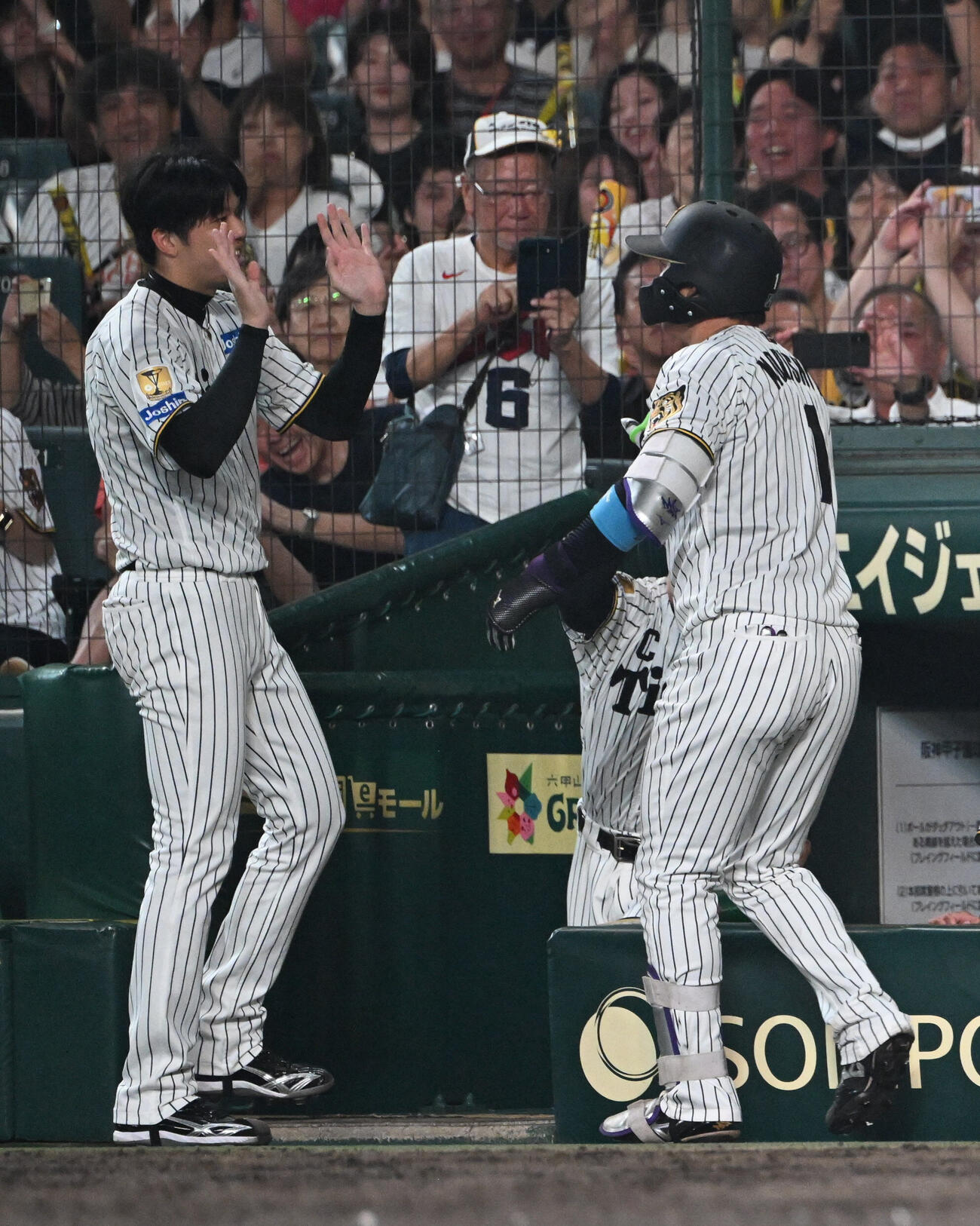 阪神対中日　6回裏阪神1死、左越えソロ本塁打を放った森下翔太は才木浩人に出迎えられる（撮影・和賀正仁）＝2026年6月30日、甲子園