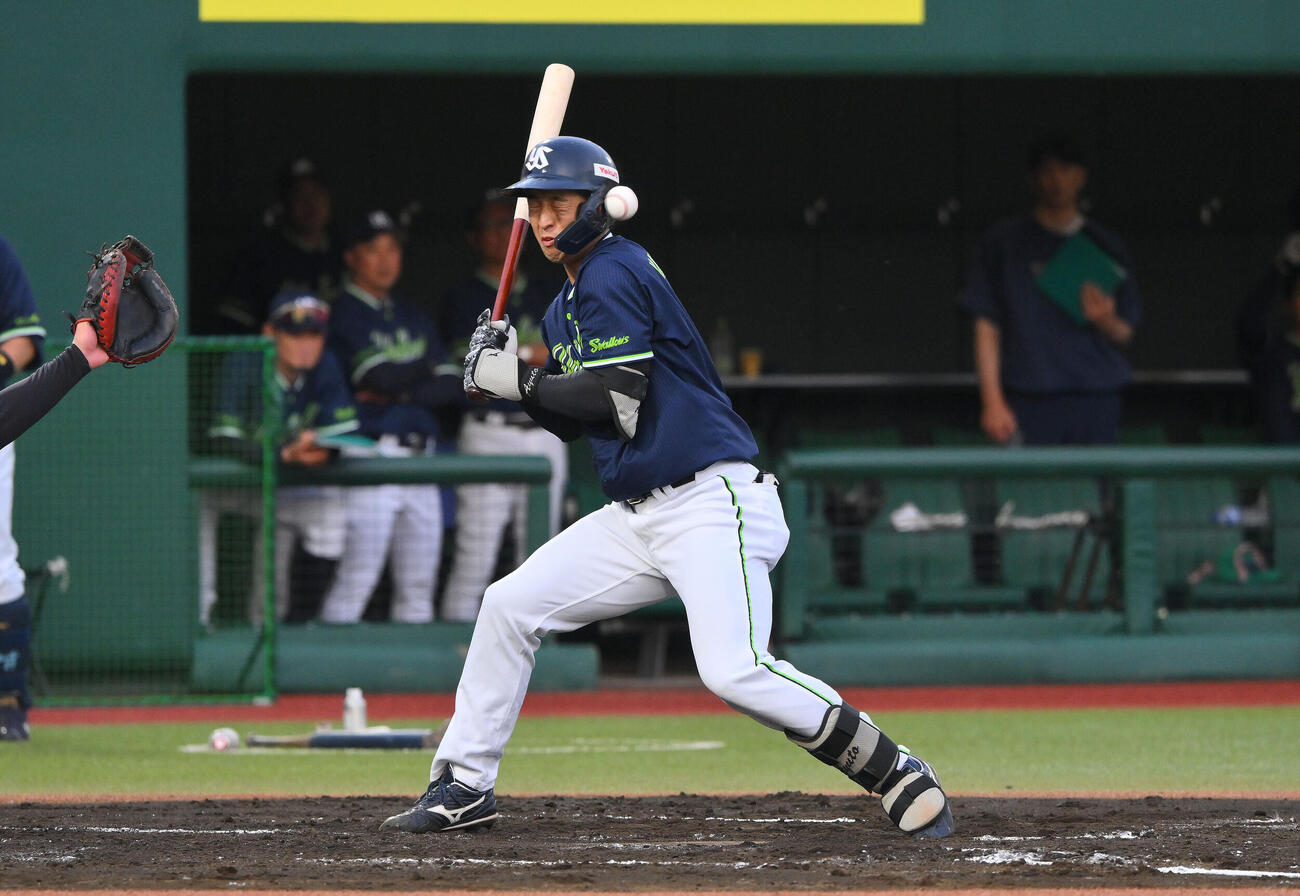 巨人対ヤクルト　2回表ヤクルト無死、頭部付近に死球を受ける松下歩叶（撮影・滝沢徹郎）