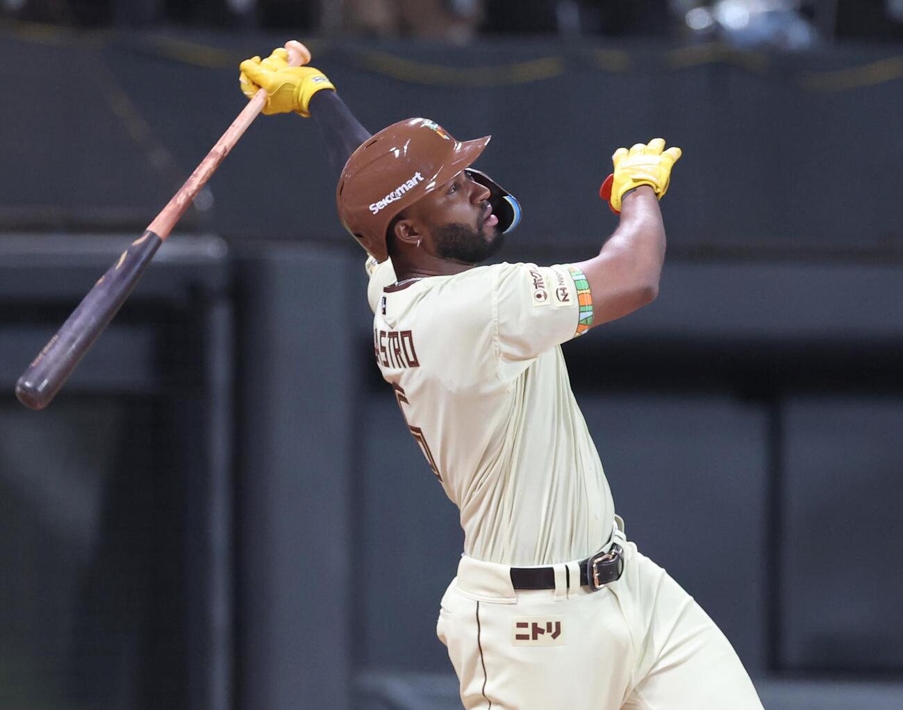 日本ハム対オリックス　4回裏日本ハム1死、三塁打を放つカストロ（撮影・黒川智章）