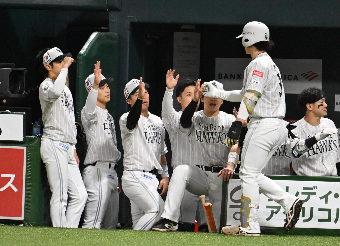 ソフトバンク対西武　1回裏ソフトバンク無死、正木智也（右）は先制本塁打を放ちナインとタッチを交わす（撮影・林敢治）
