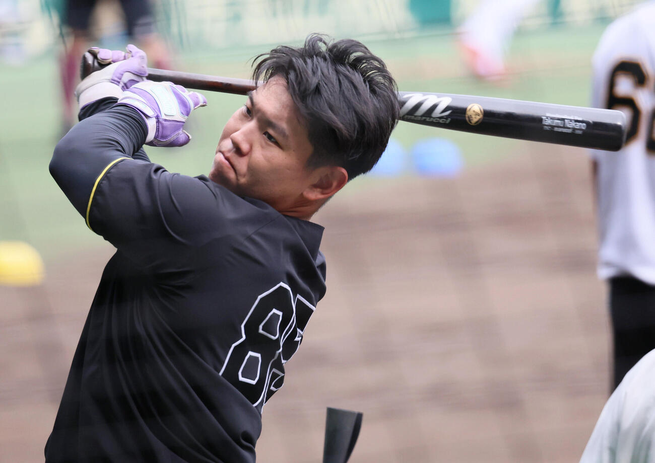 試合前、打撃練習に励む阪神嶋村麟士朗（2026年6月撮影）