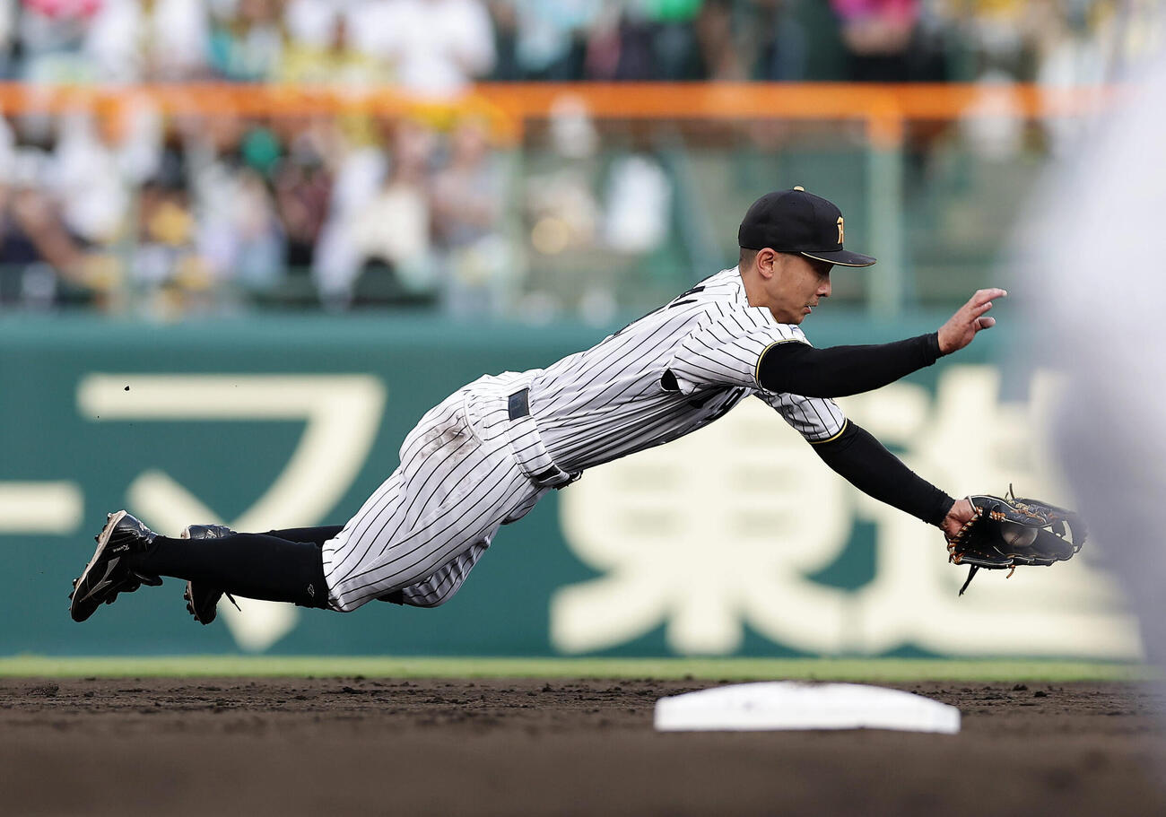 阪神対中日　3回表中日無死、石川昂弥の打球に飛びつくも内野安打を許す遊撃手熊谷敬宥（撮影・前田充）