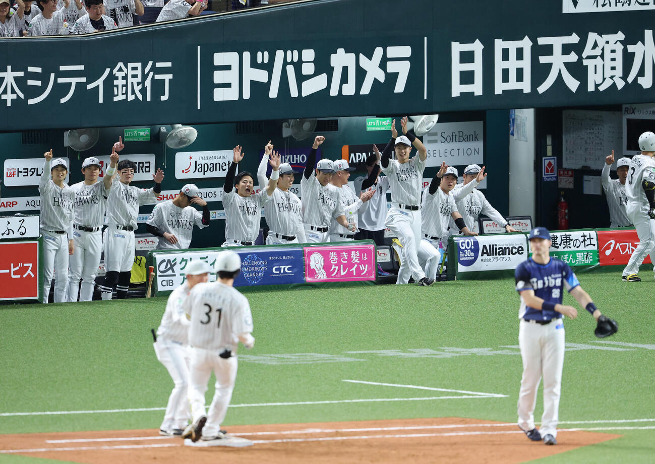 ソフトバンク対西武　5回裏ソフトバンク1死満塁、正木智也の左越え勝ち越し2点適時打で盛り上がるソフトバンクナイン（撮影・梅根麻紀）
