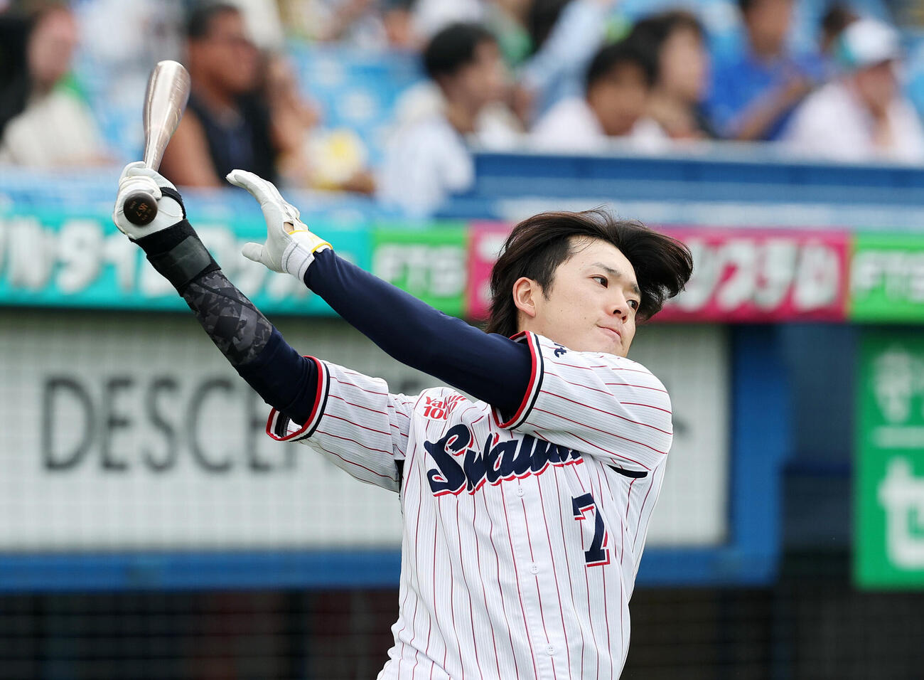 ヤクルト対DeNA　試合前、素振りするヤクルト長岡秀樹（撮影・鈴木正人）