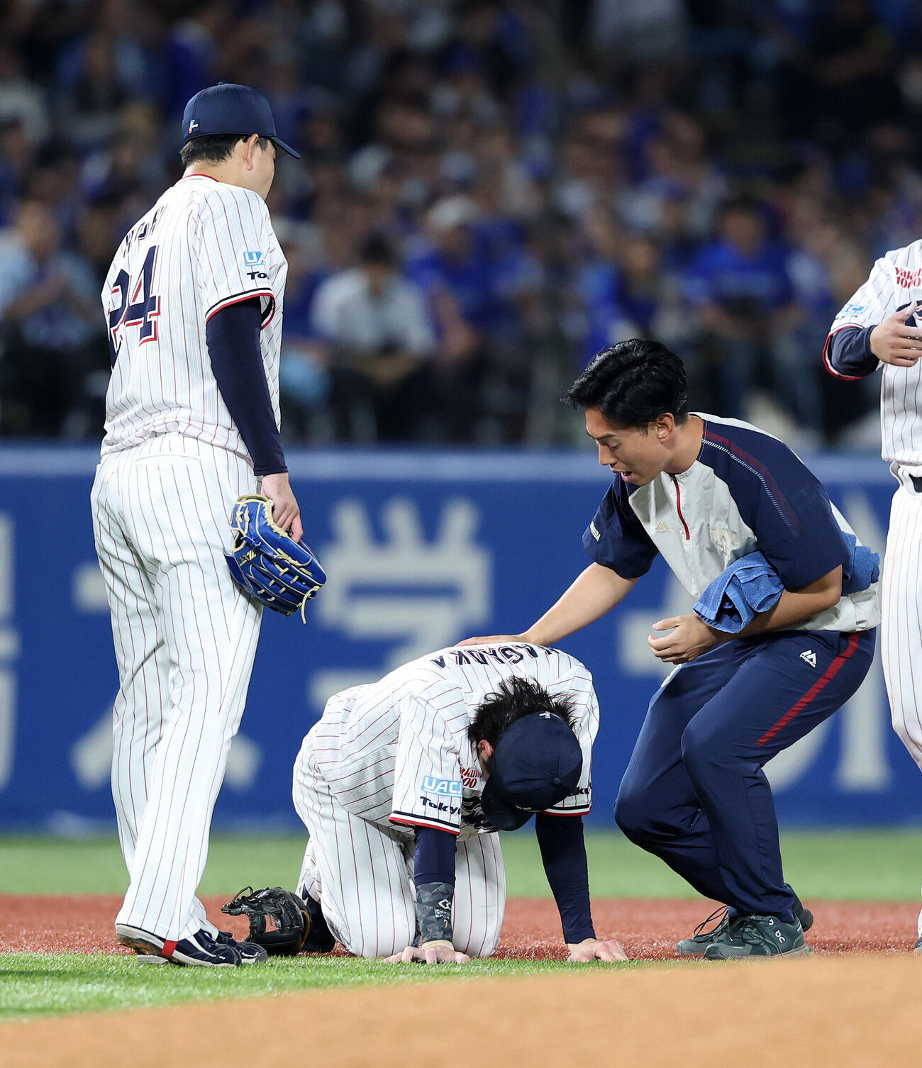 ヤクルト対DeNA 10回表DeNA無死三塁、宮下朝陽の打球で負傷したヤクルト長岡秀樹（撮影・鈴木正人）