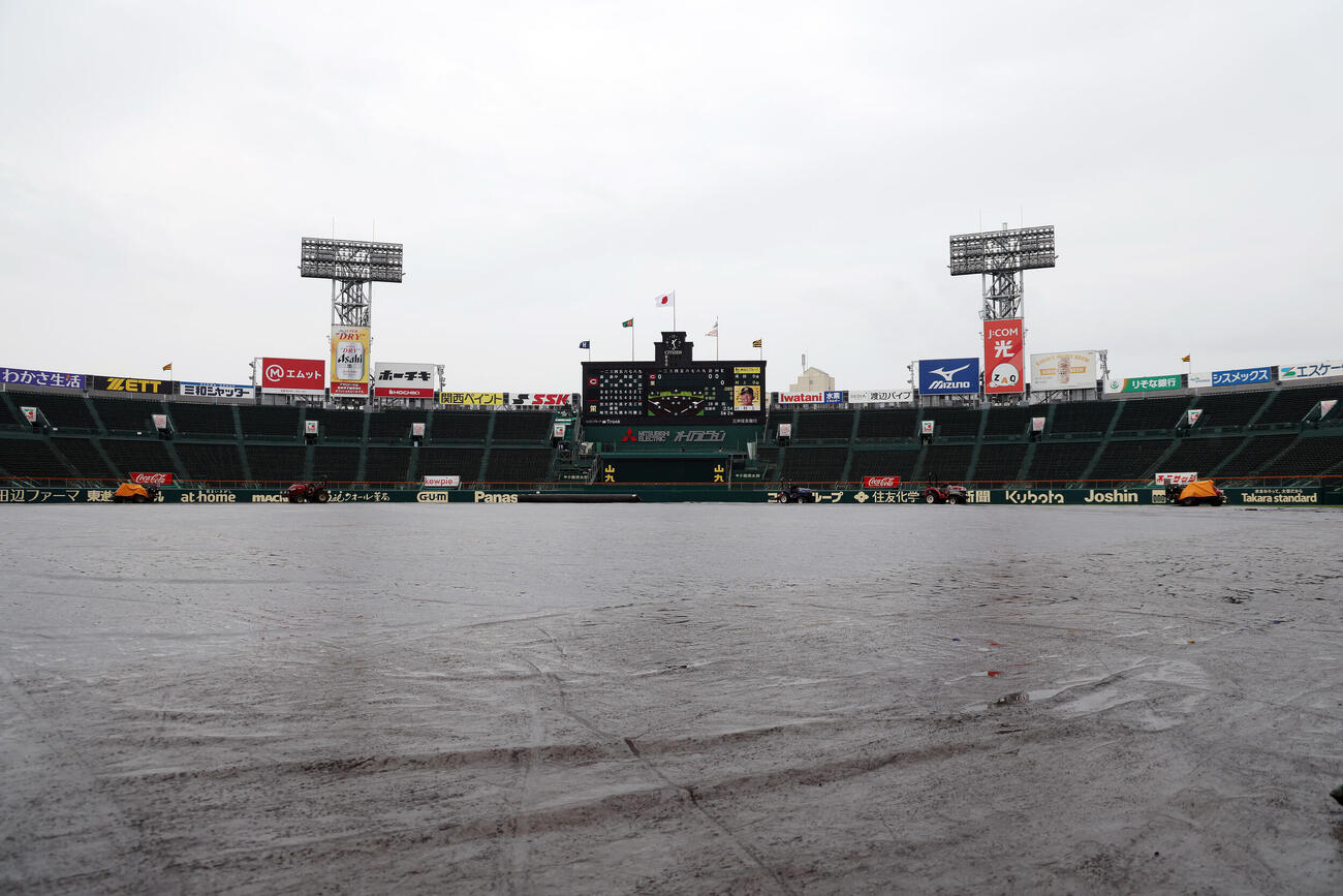 雨が降りシートが敷かれる甲子園球場（撮影・前田充）