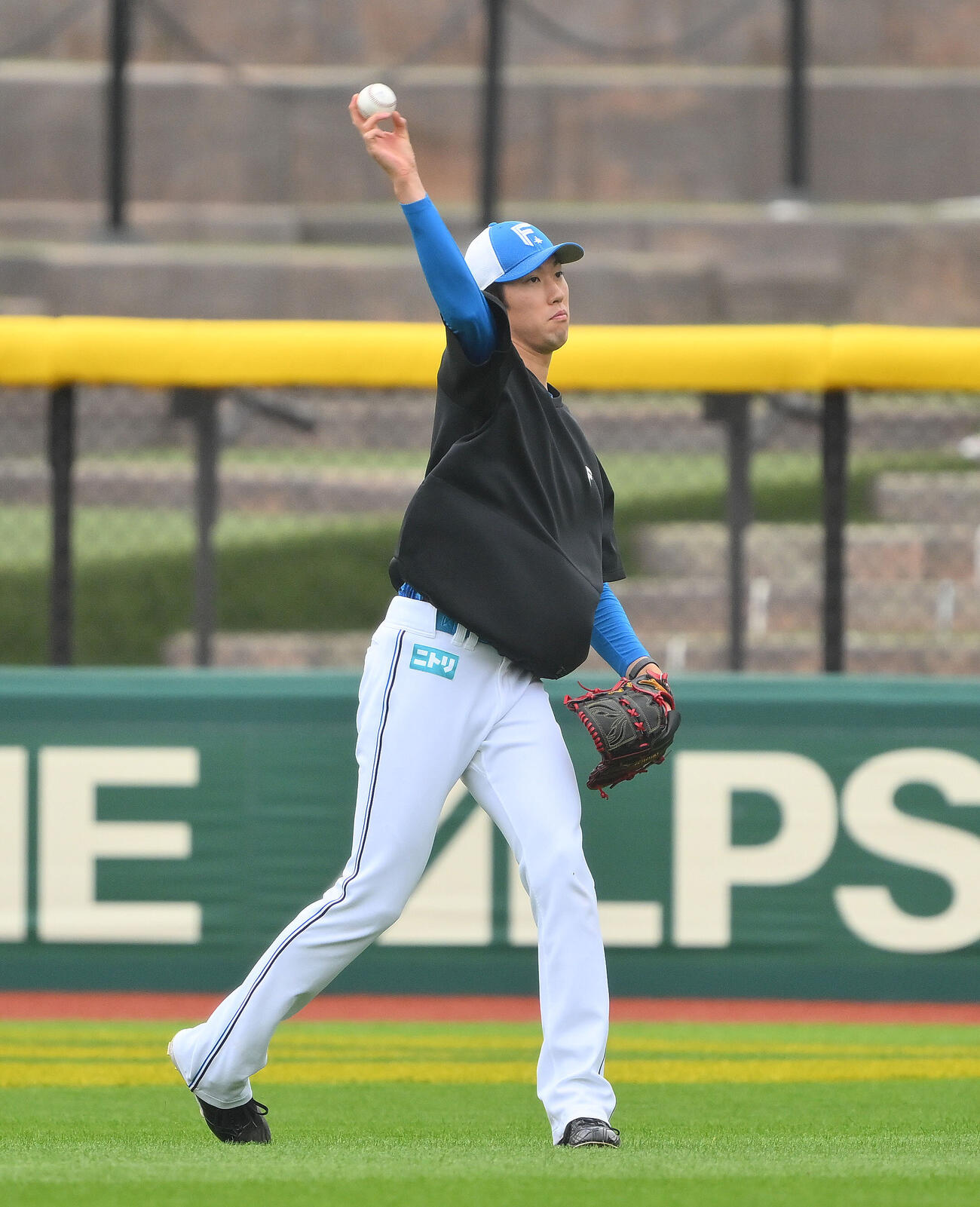 楽天対日本ハム　試合前練習で調整する日本ハム福島蓮（撮影・滝沢徹郎）