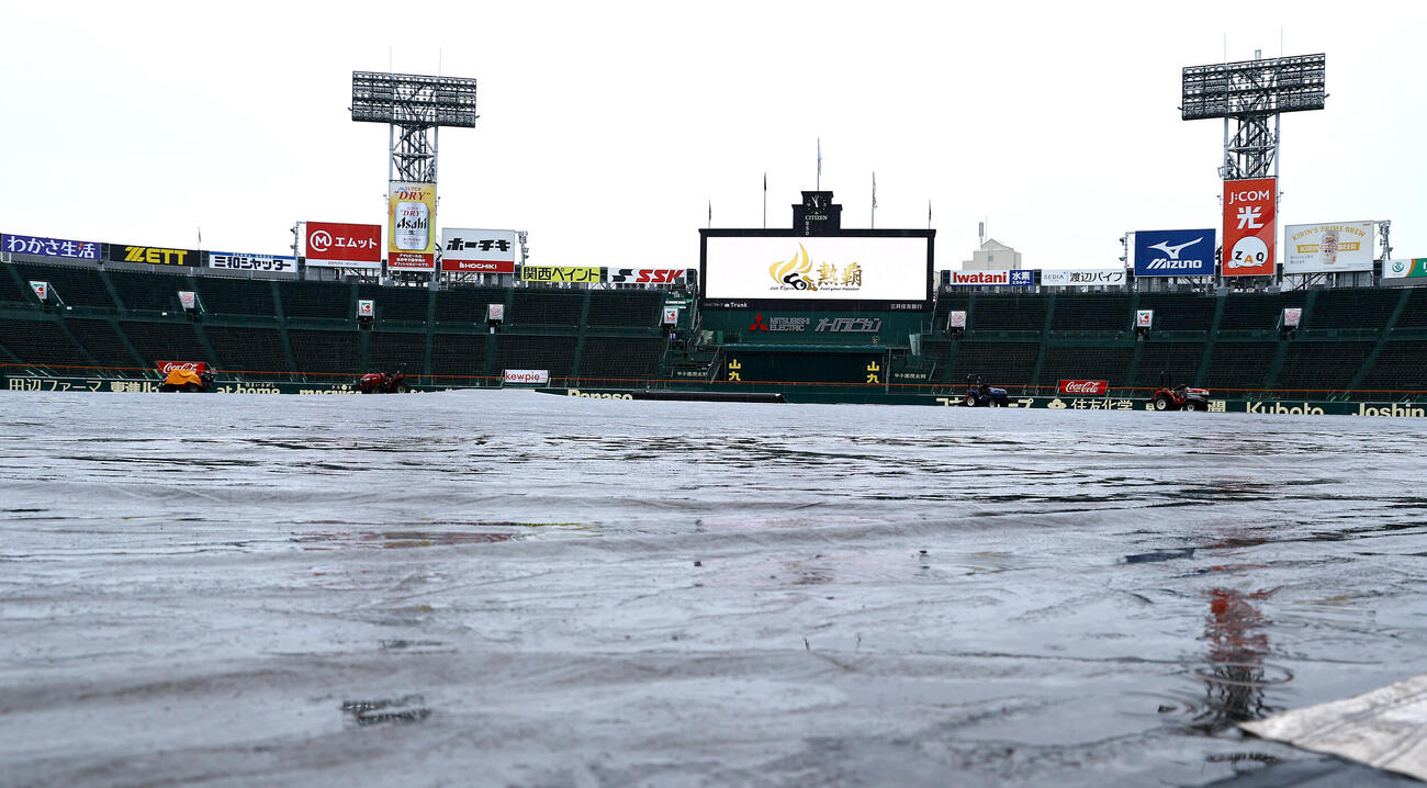 朝から雨が降る甲子園球場（撮影・上田博志）