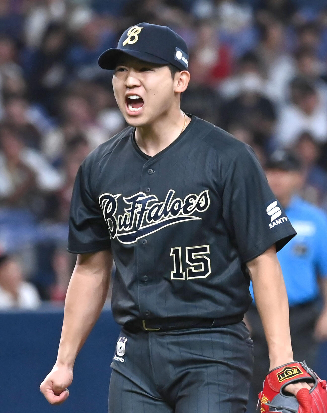 オリックス対西武　8回表西武2死　滝沢夏央を見逃し三振に抑え叫ぶ椋木蓮（撮影・石井愛子）