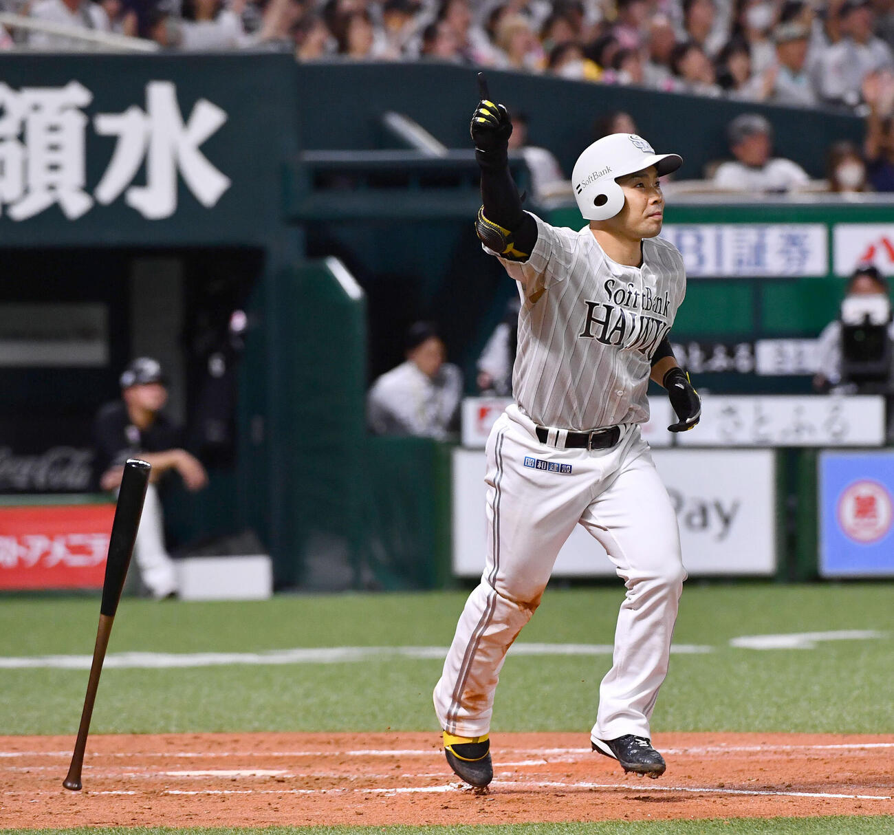 ソフトバンク対ロッテ　5回裏ソフトバンク1死二、三塁、右越え3点本塁打を放ち、指を突き上げる近藤健介（撮影・岩下翔太）