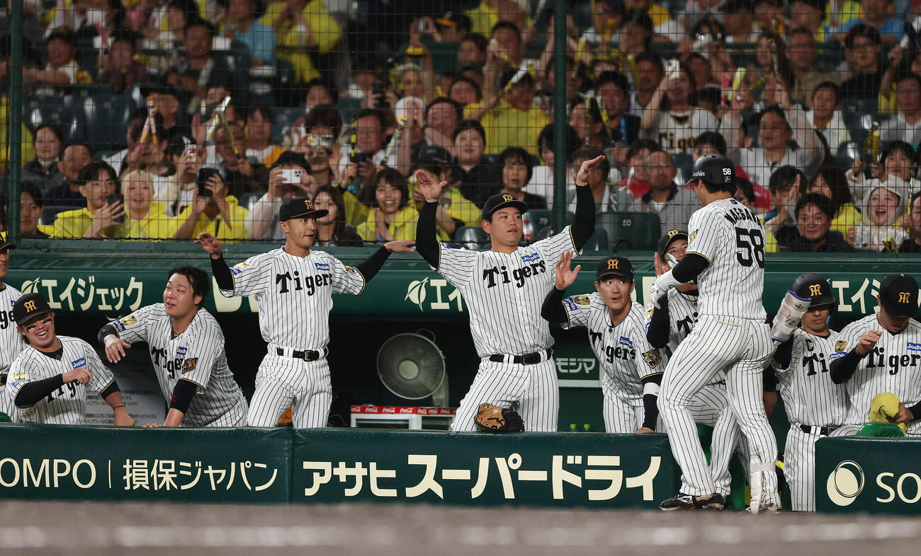 阪神対広島　5回裏阪神2死、本塁打を放った前川右京を迎える阪神の選手たち（撮影・前田充）