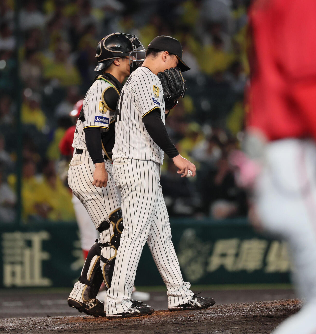 阪神対広島　4回表広島1死一、二塁、村上頌樹は佐藤啓介の投ゴロを二塁に悪送球し坂本誠志郎と話し合う（撮影・宮崎幸一）