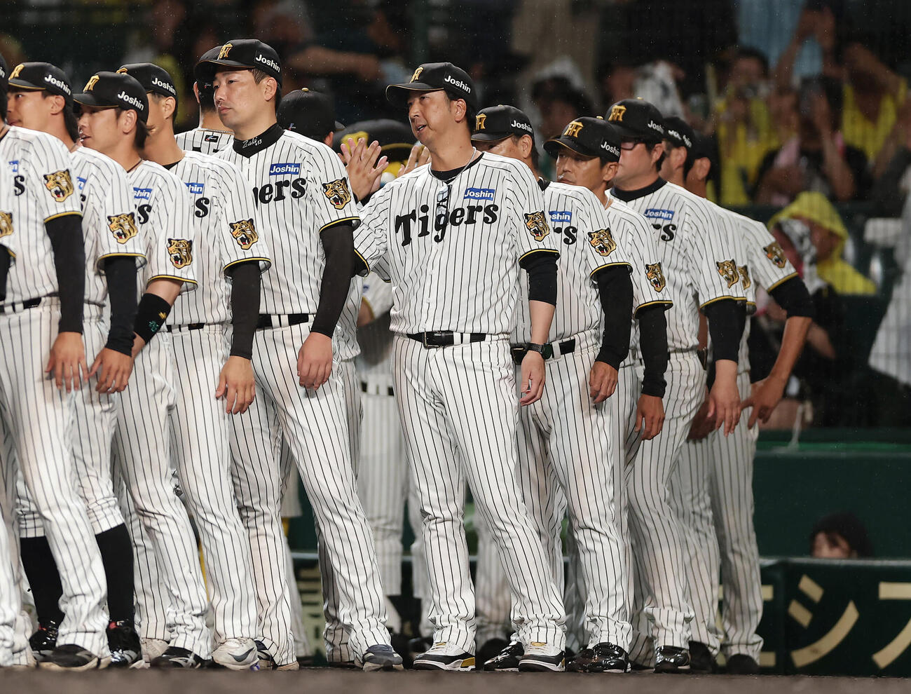阪神対広島　広島に勝利し、ナインを出迎える阪神藤川球児監督（中央）ら（撮影・前田充）