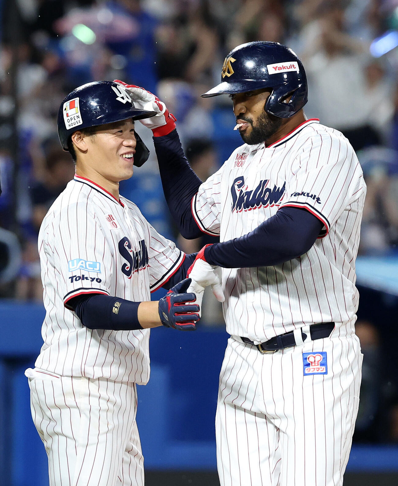 ヤクルト対DeNA 6回裏ヤクルト無死満塁、サンタナ（右）は満塁本塁打を放ち塩見泰隆と喜ぶ（撮影・鈴木正人）