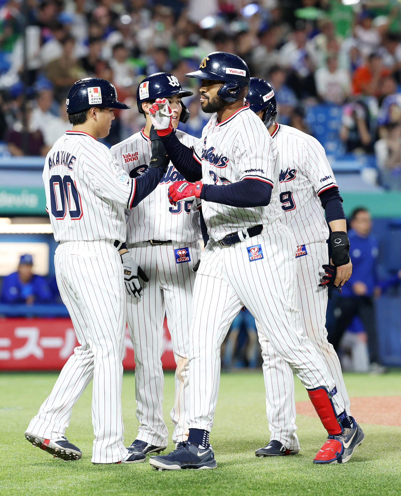 ヤクルト対DeNA 6回裏ヤクルト無死満塁、サンタナ（左から3人目）は満塁本塁打を放ちタッチし喜ぶ（撮影・鈴木正人）