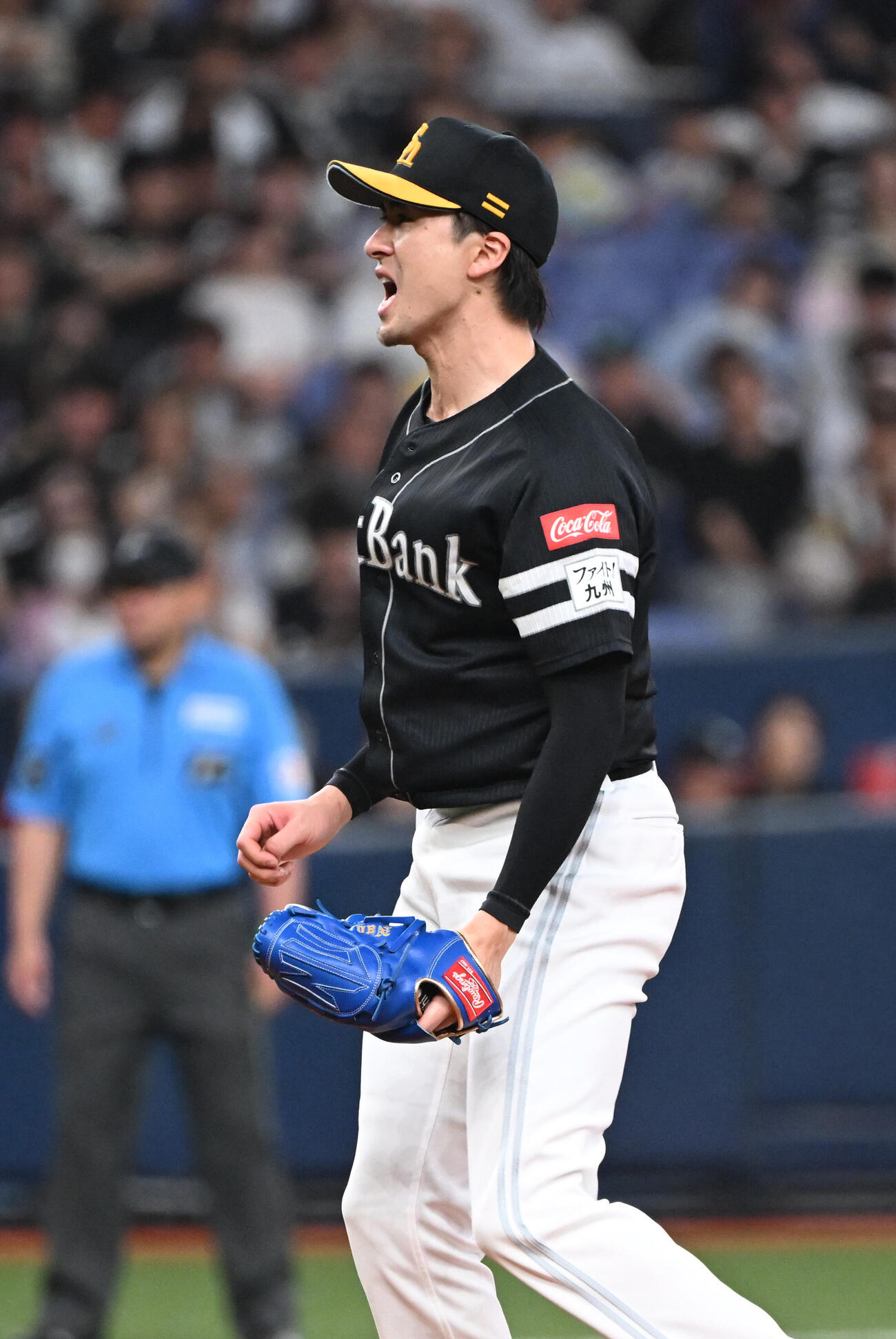 オリックス対ソフトバンク　5回、山中を三振としこの回、3者連続三振を奪い雄たけびをあげるソフトバンク上沢直之（撮影・和賀正仁）＝2026年7月7日、京セラ　