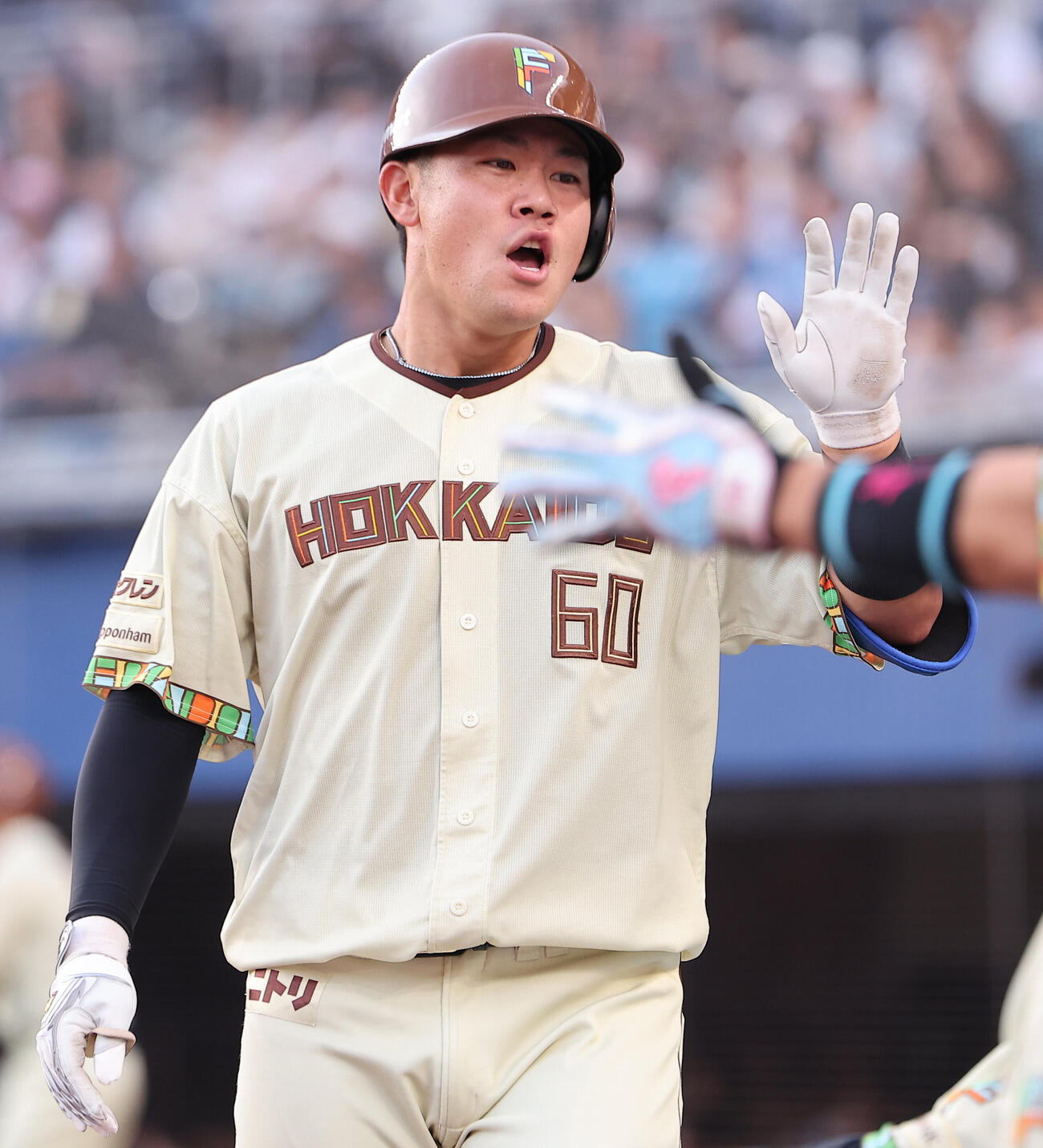ロッテ対日本ハム　2回表日本ハム1死、先制本塁打を放ちベンチに迎えられる吉田賢吾（撮影・野上伸悟）