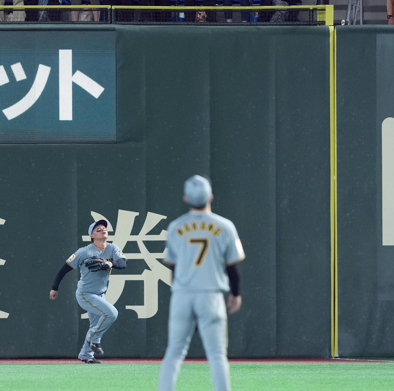 巨人対阪神　5回裏巨人2死、トレイ・キャベッジの飛球を見上げる右翼手森下翔太（撮影・たえ見朱実）