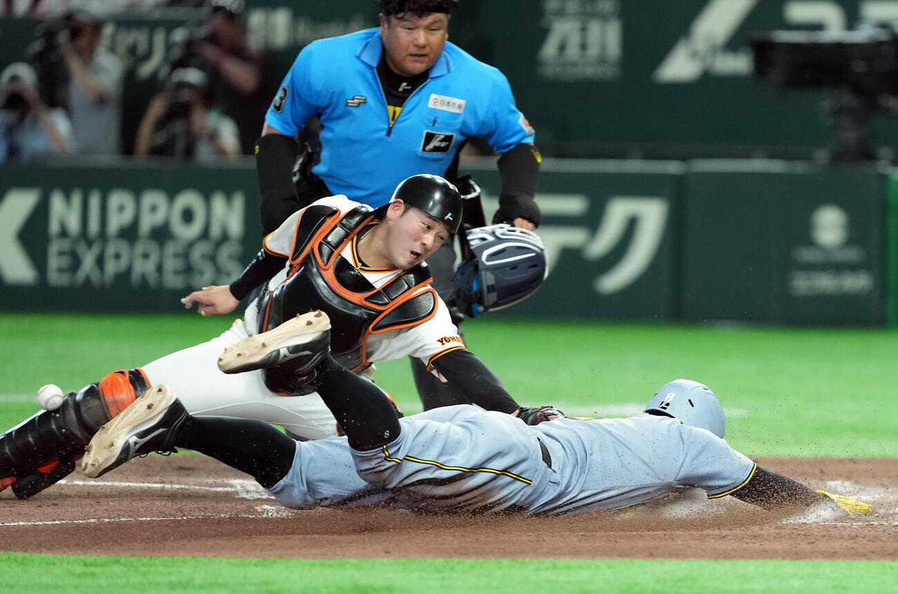 巨人対阪神　4回表阪神1死一塁、大山悠輔の左翼線安打で本塁へヘッドスライディングする佐藤輝明（撮影・たえ見朱実）